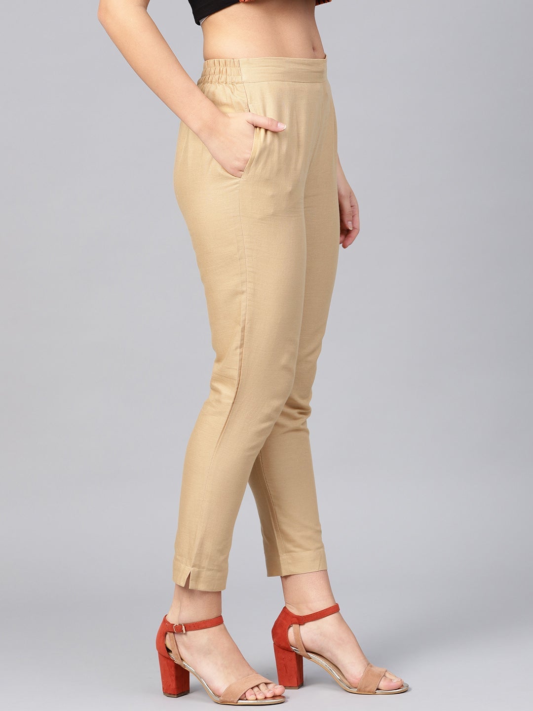 Gold Cotton Solid Straight Pants