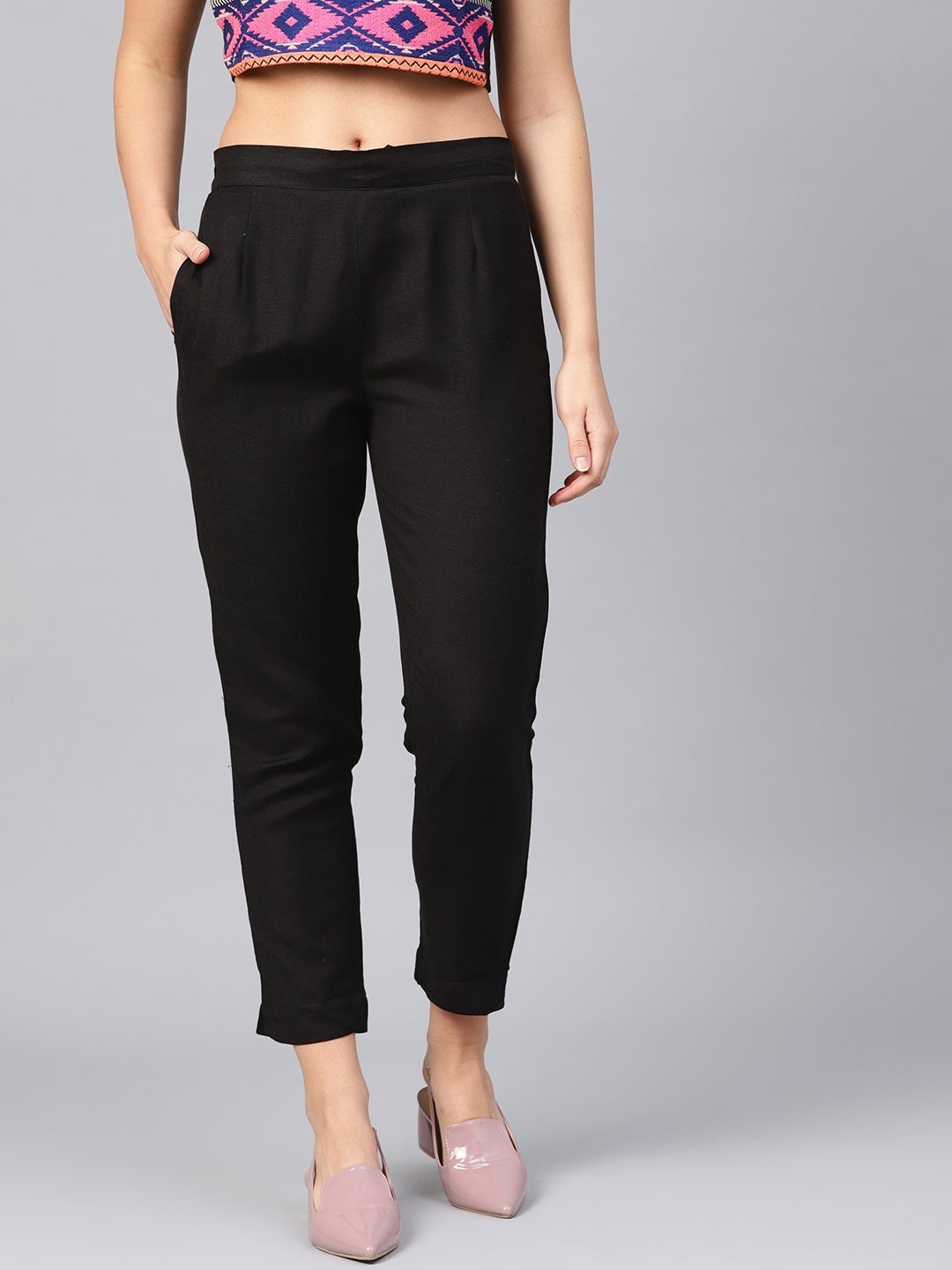 Juniper Black Solid Rayon Flex Slim Fit Women Pants With Two Pockets