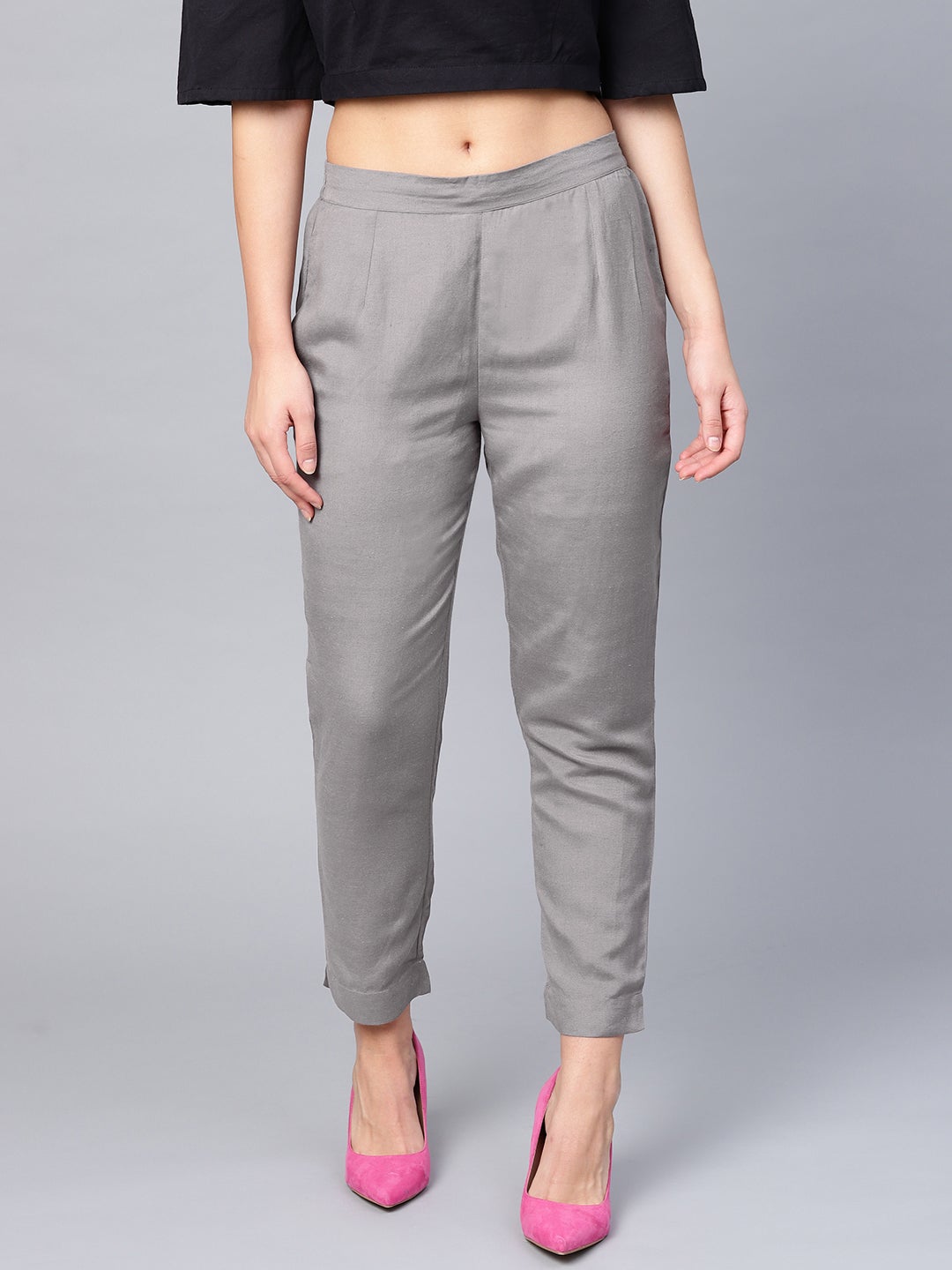 Juniper Grey Solid Rayon Flex Slim Fit Women Pants With Two Pockets