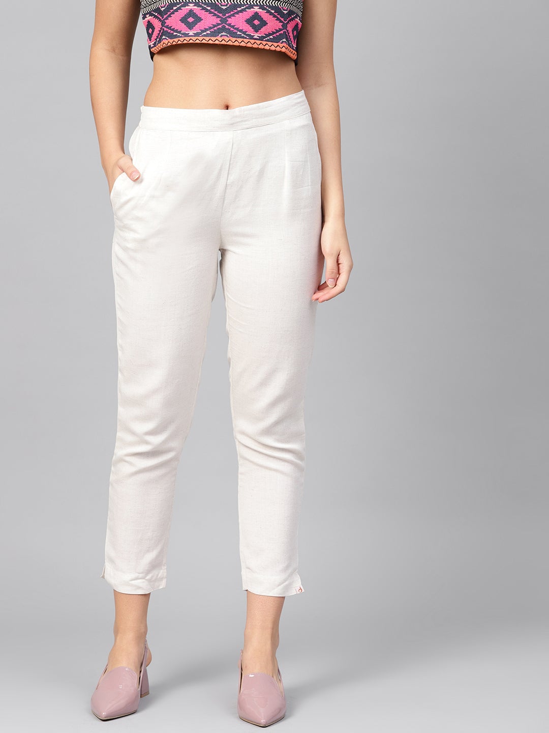 Juniper Ivory Solid Rayon Flex Slim Fit Women Pants With Two Pockets