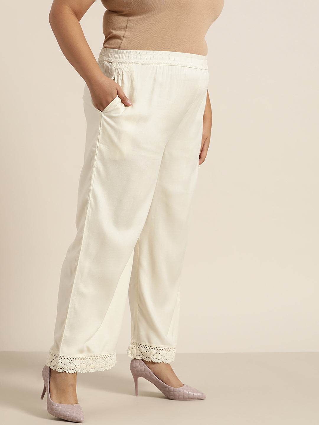 Juniper Women's Off-White Rayon Solid Wide-Leg Palazzo
