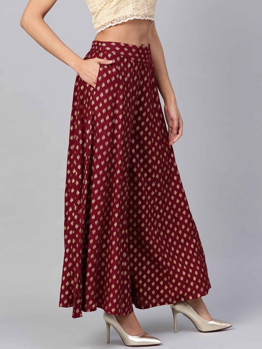Juniper Maroon Ethnic Motif Printed Rayon Flared Women Palazzo With One Pocket