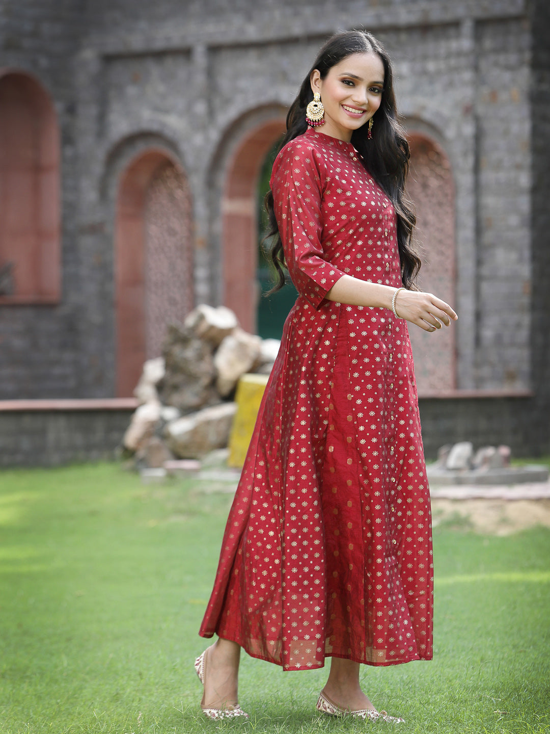 Juniper Women`s Maroon Chanderi Silk Printed Anarkali Kurta