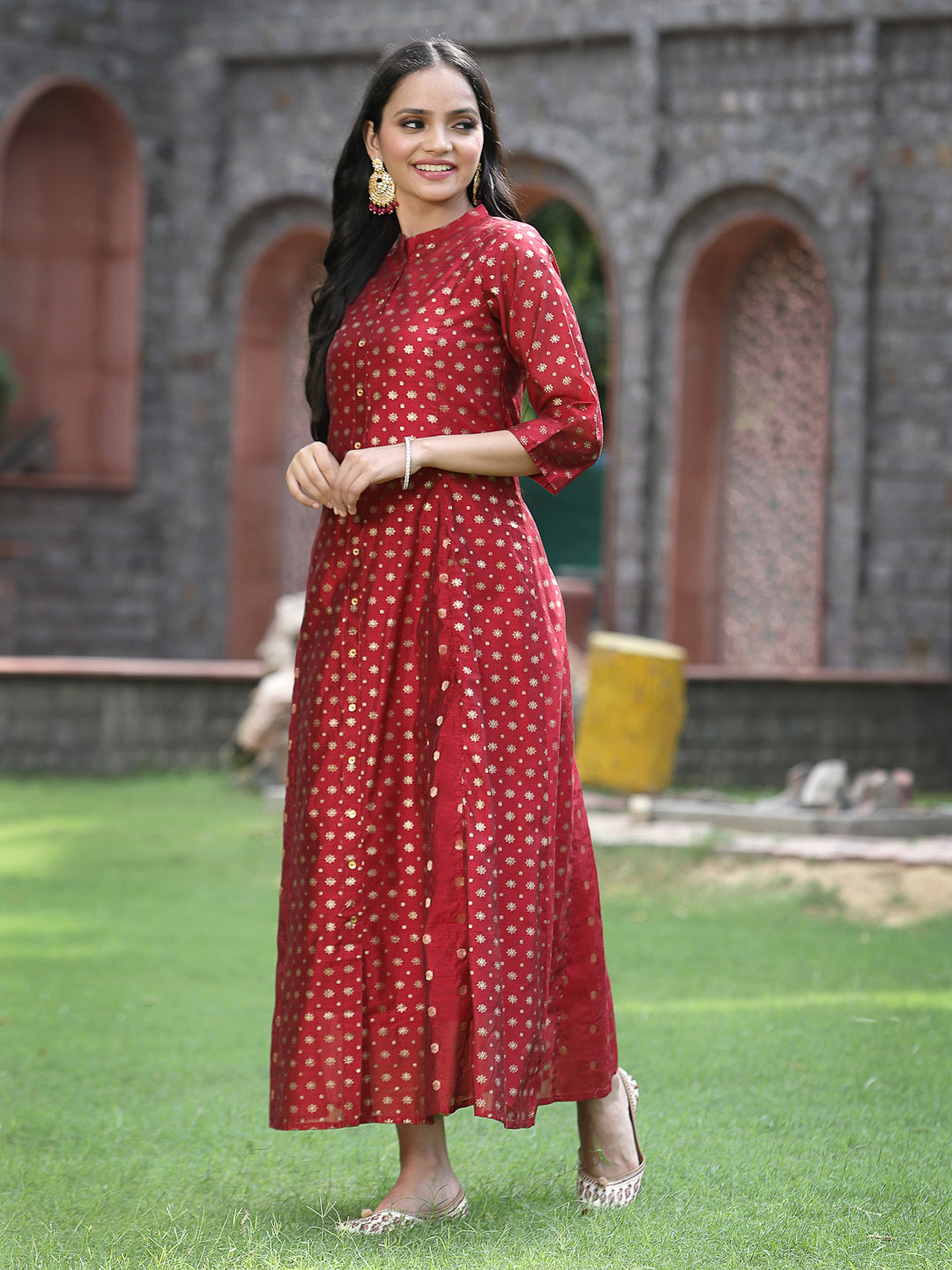 Juniper Women`s Maroon Chanderi Silk Printed Anarkali Kurta