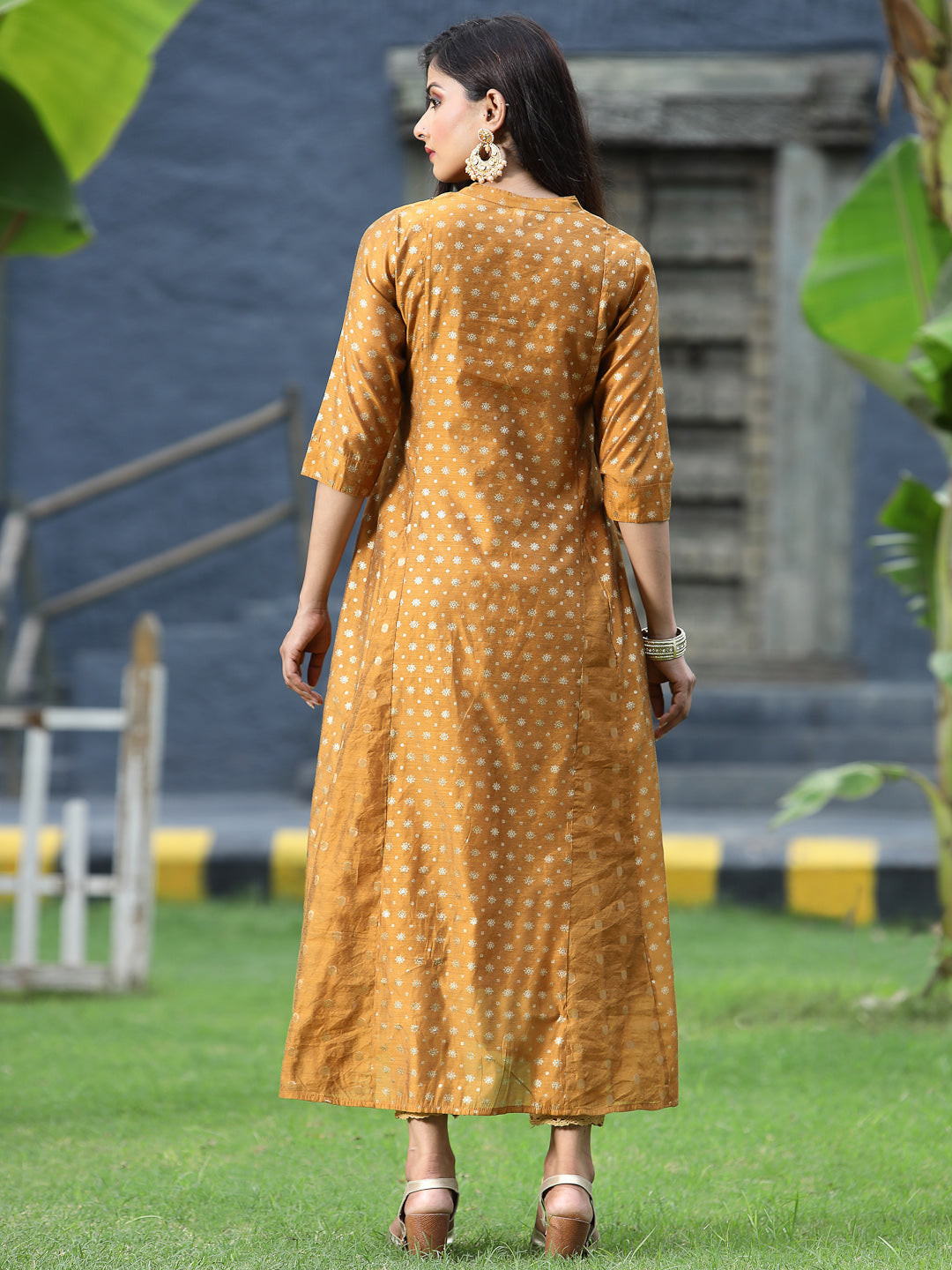 Juniper Women`s Mustard Chanderi Silk Printed Anarkali Kurta