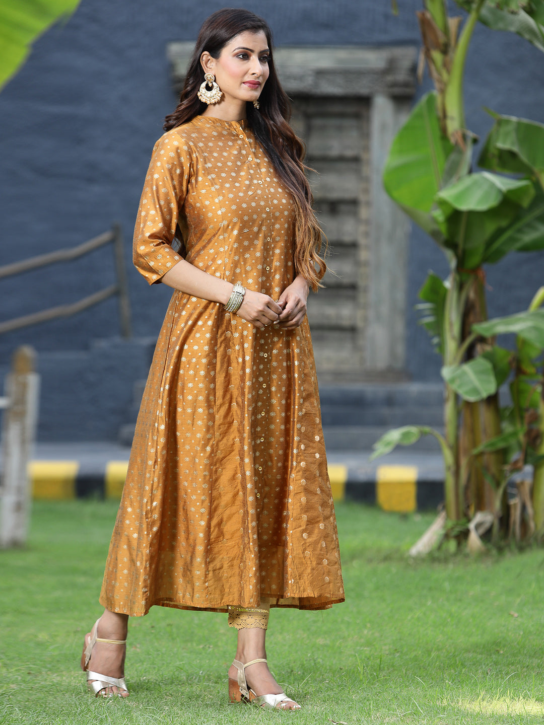 Juniper Women`s Mustard Chanderi Silk Printed Anarkali Kurta