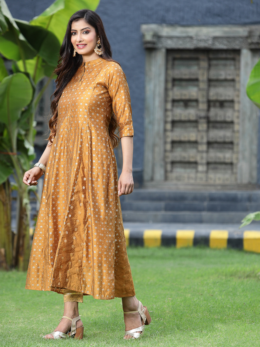 Juniper Women`s Mustard Chanderi Silk Printed Anarkali Kurta