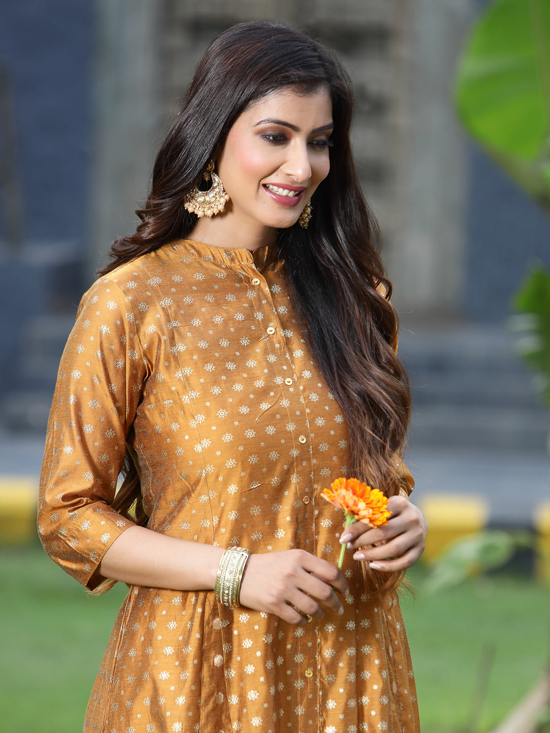 Juniper Women`s Mustard Chanderi Silk Printed Anarkali Kurta