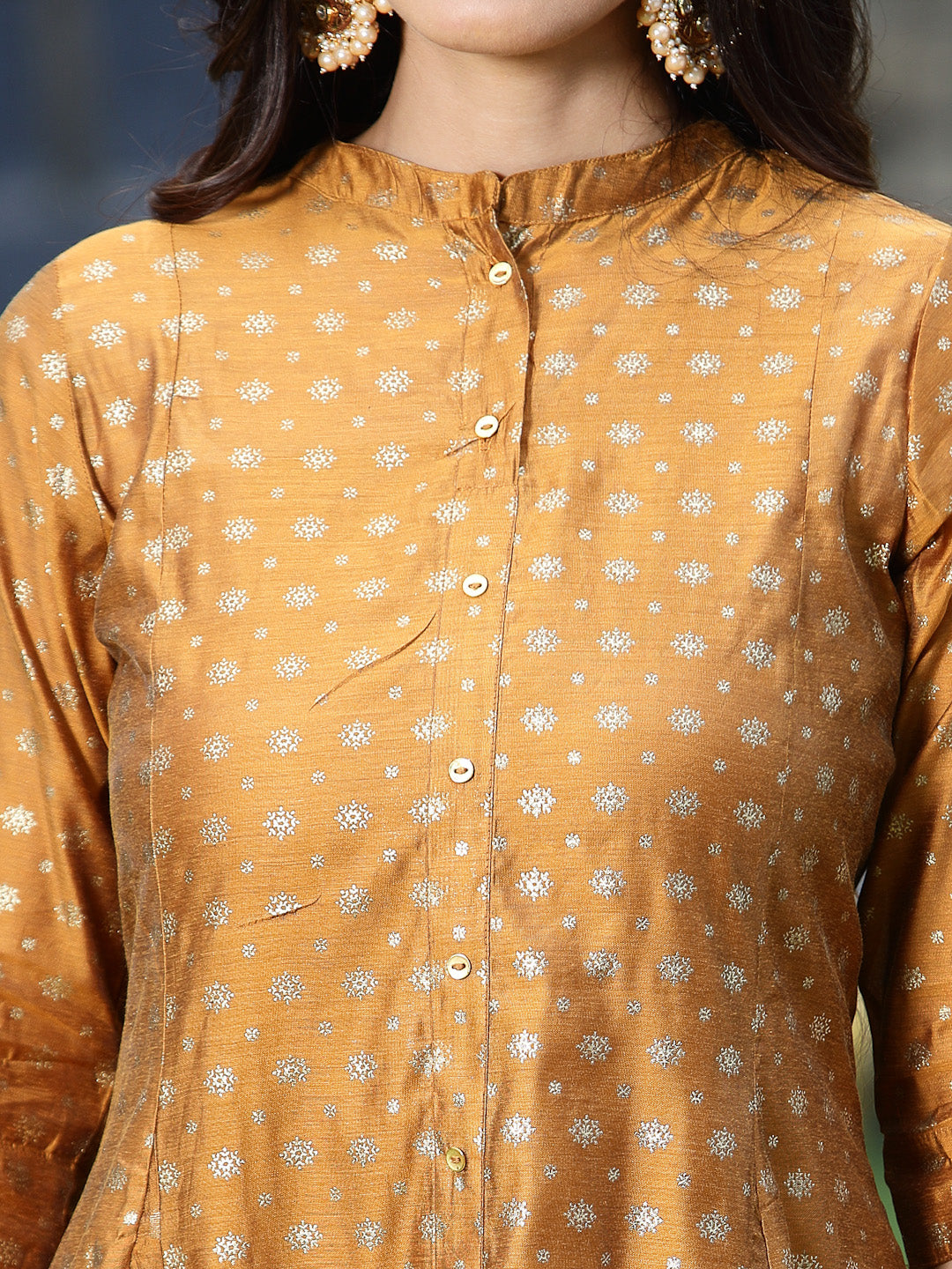 Juniper Women`s Mustard Chanderi Silk Printed Anarkali Kurta