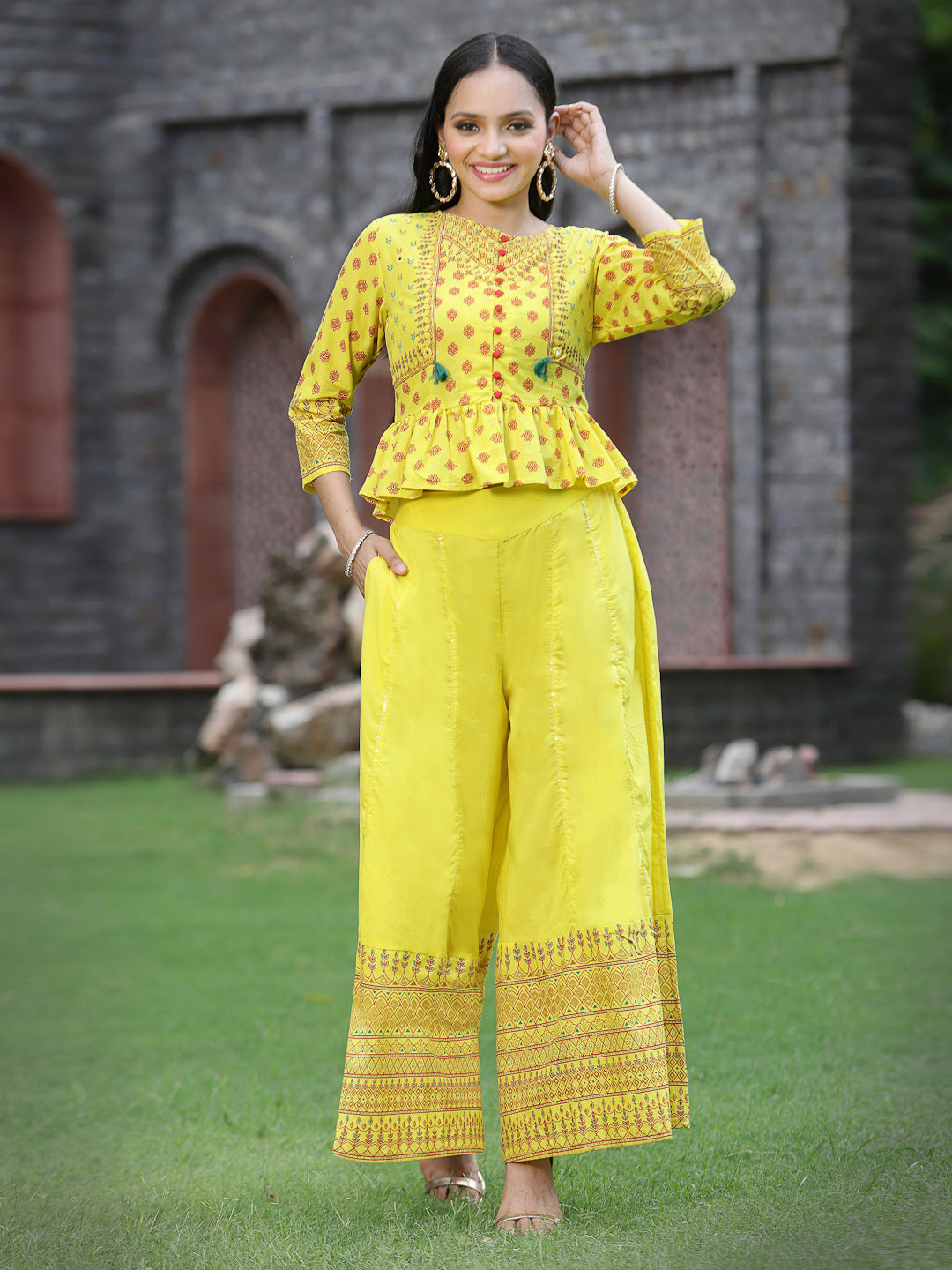 Juniper Women's Yellow Cambric Printed Peplum Crop-Top With Palazzo