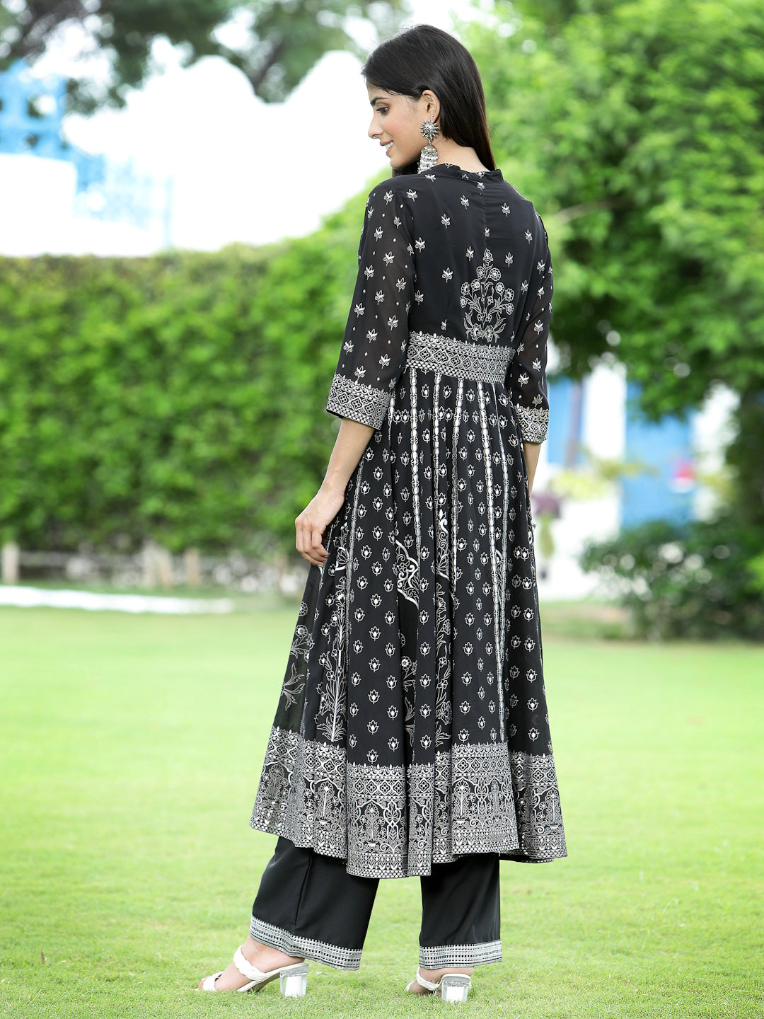 Juniper Women`s Black Georgette Printed Anarkali Kurta Sets