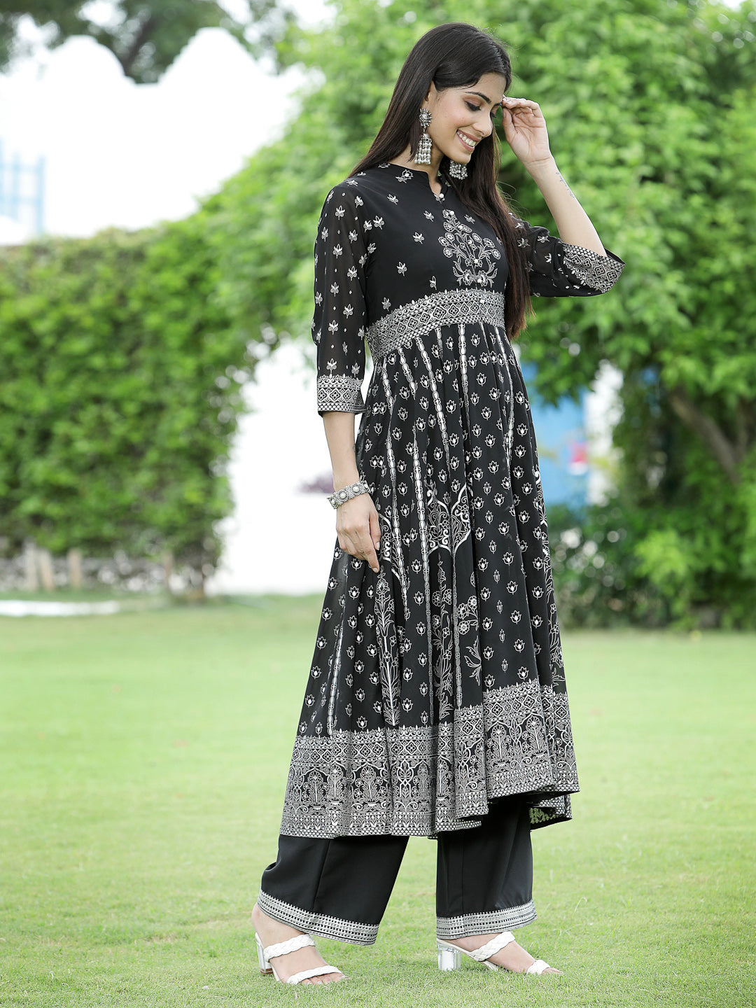 Juniper Women`s Black Georgette Printed Anarkali Kurta Sets