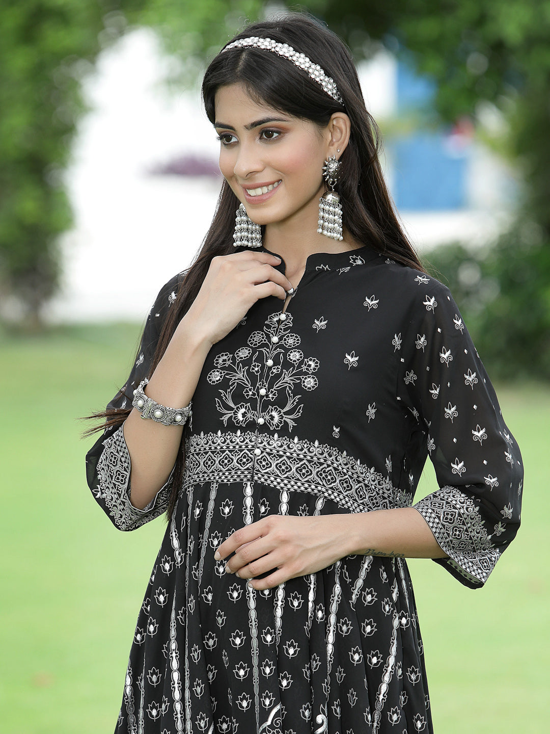 Juniper Women`s Black Georgette Printed Anarkali Kurta Sets