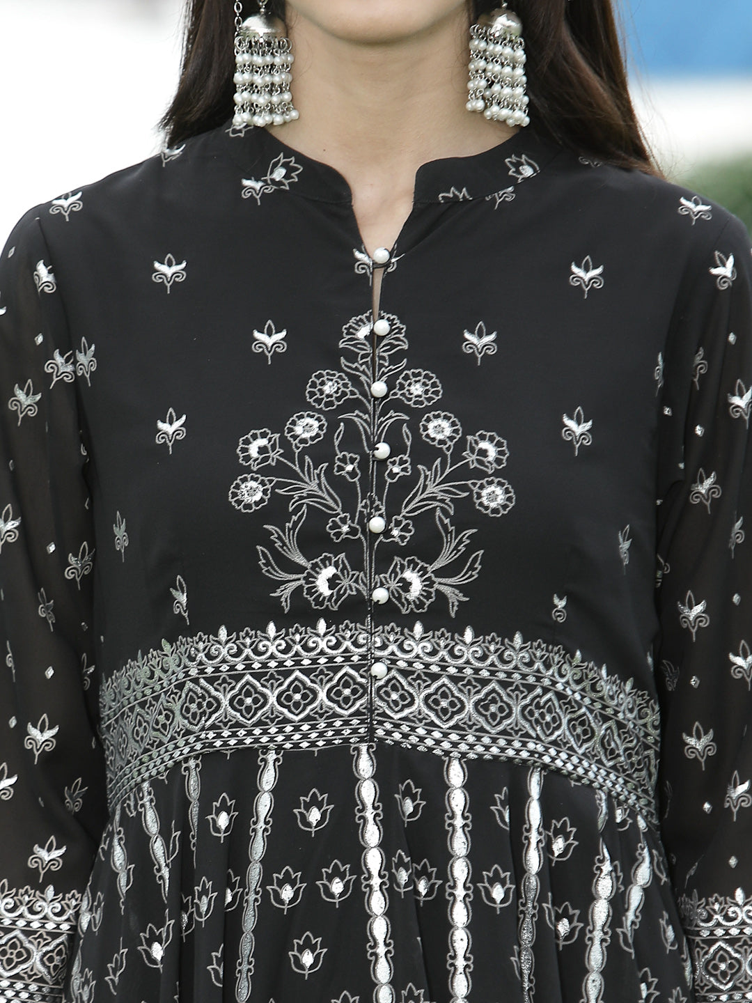 Juniper Women`s Black Georgette Printed Anarkali Kurta Sets