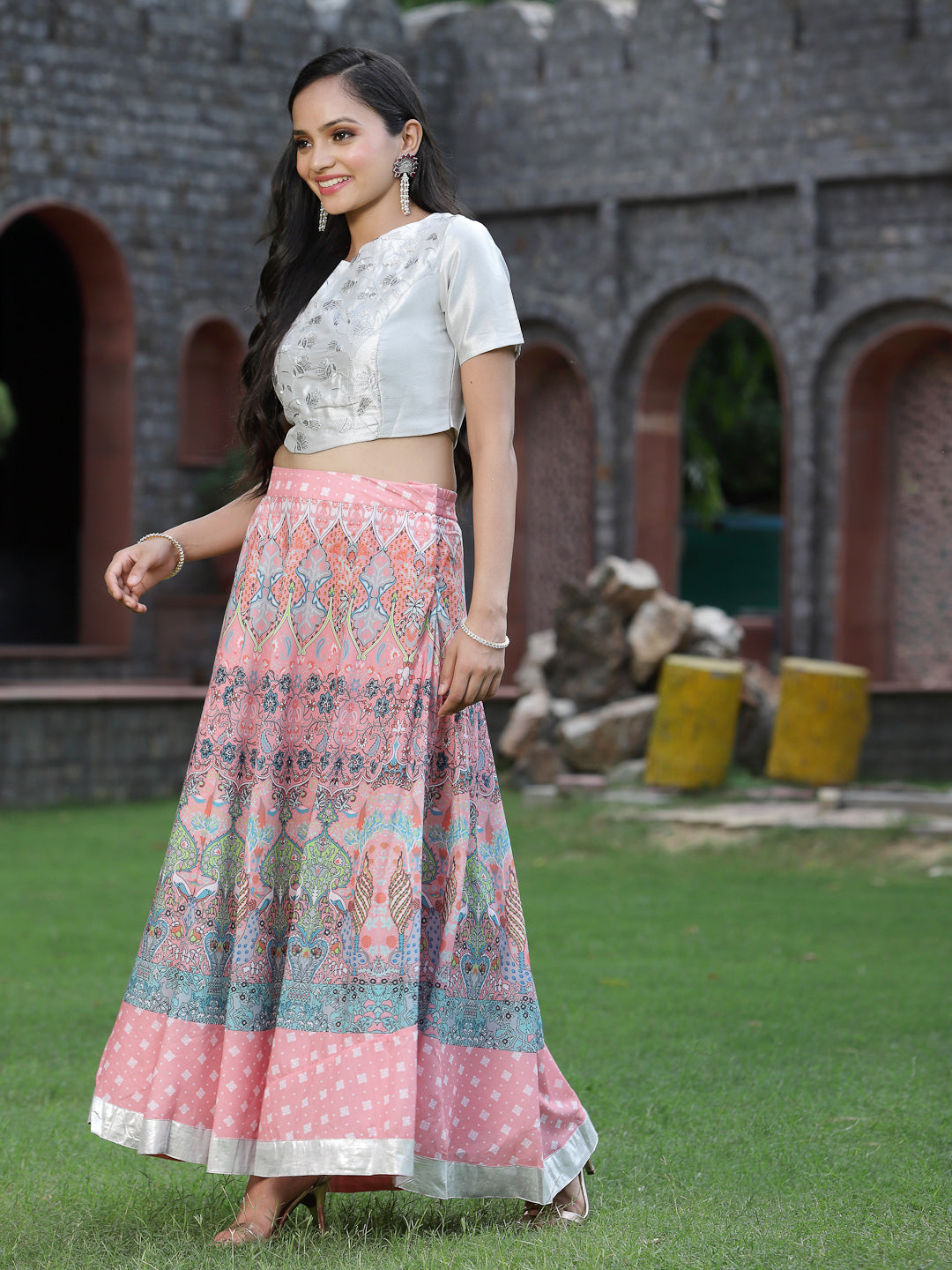 Juniper Women`s Poly Muslin Embroidered Flared Lehenga Choli