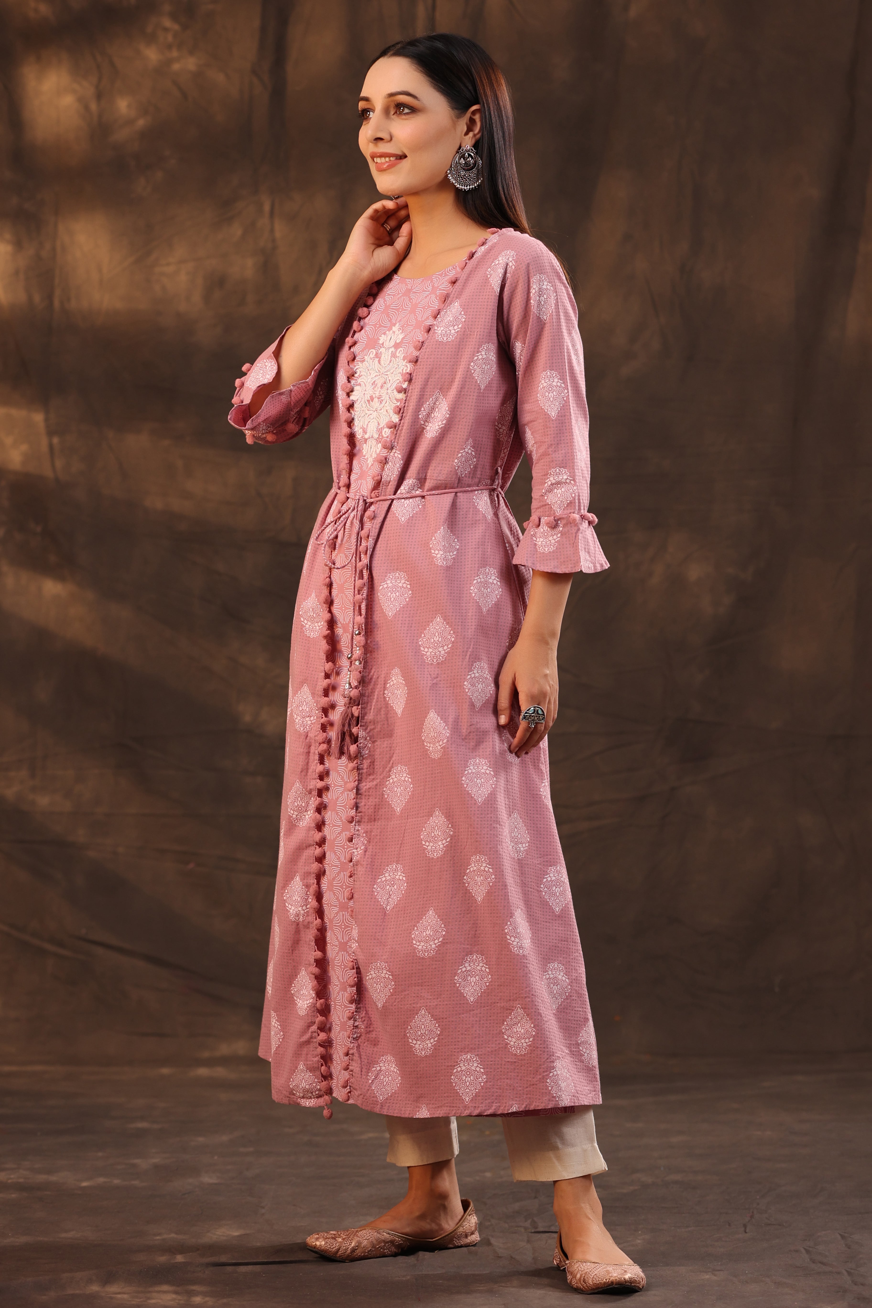 Juniper Powder Pink Ethnic Motif Printed Pure Cotton Jacket Style Women Kurta