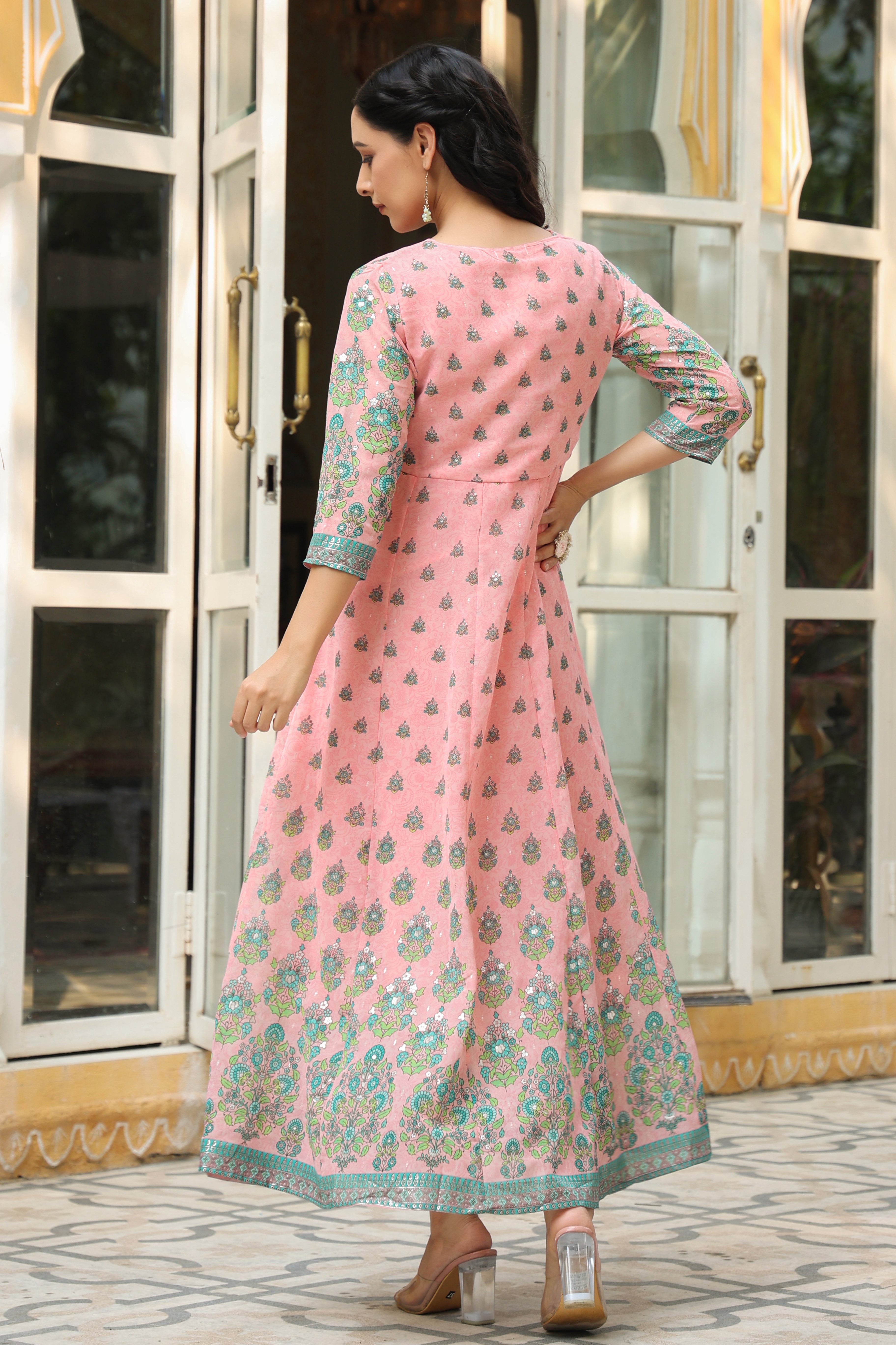 Pink Georgette Printed Flared Dress