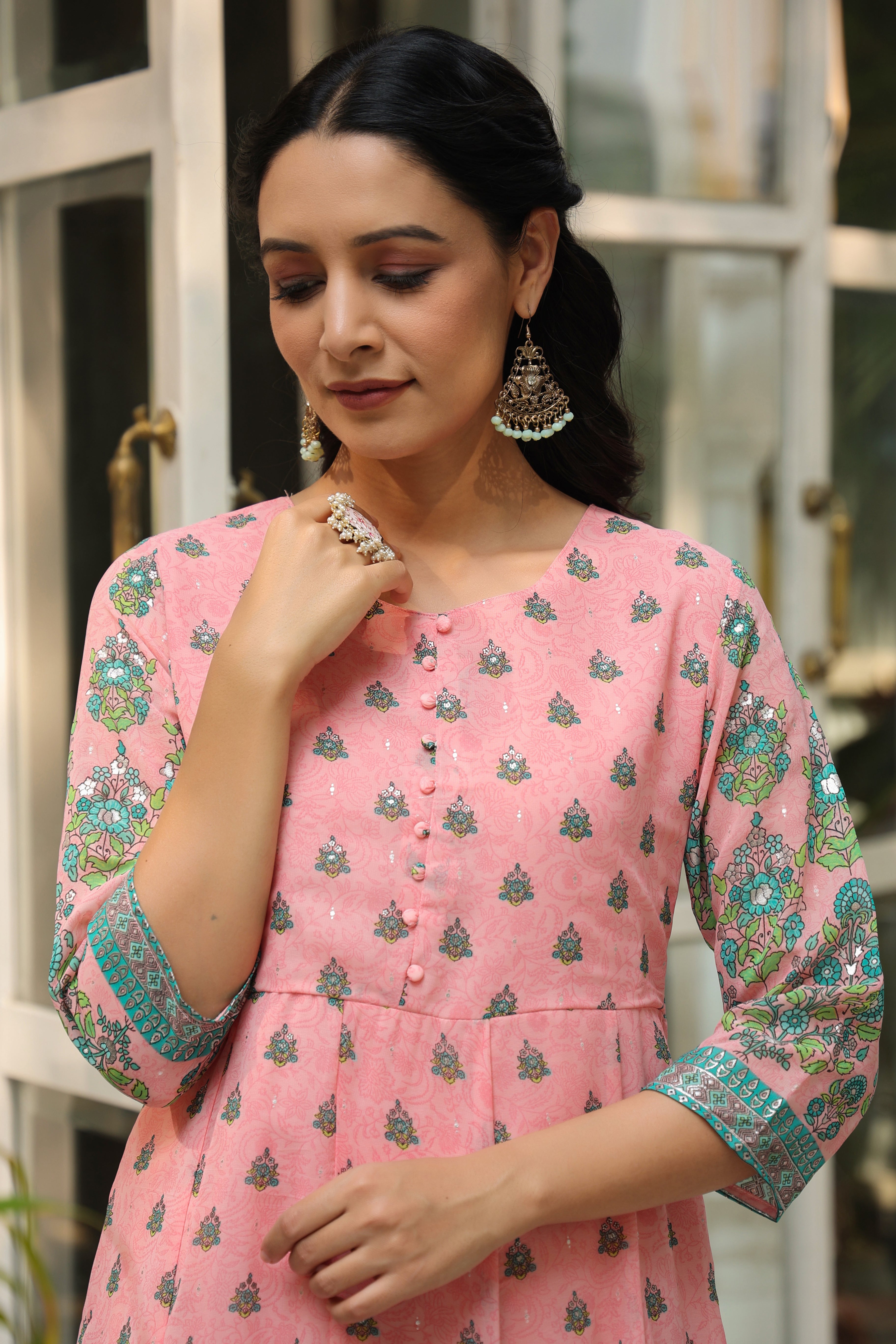Pink Georgette Printed Flared Dress
