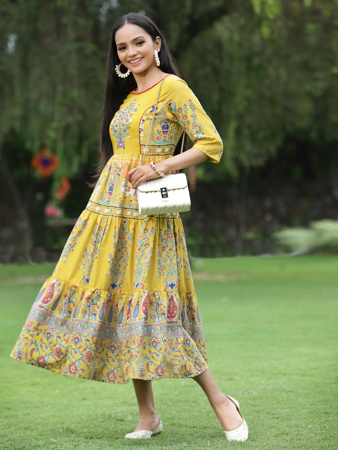 Juniper Women`s Mustard Cambric Printed Tiered Dress
