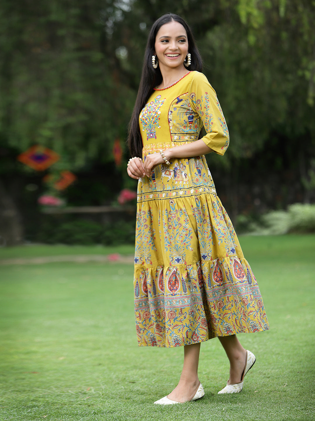 Juniper Women`s Mustard Cambric Printed Tiered Dress