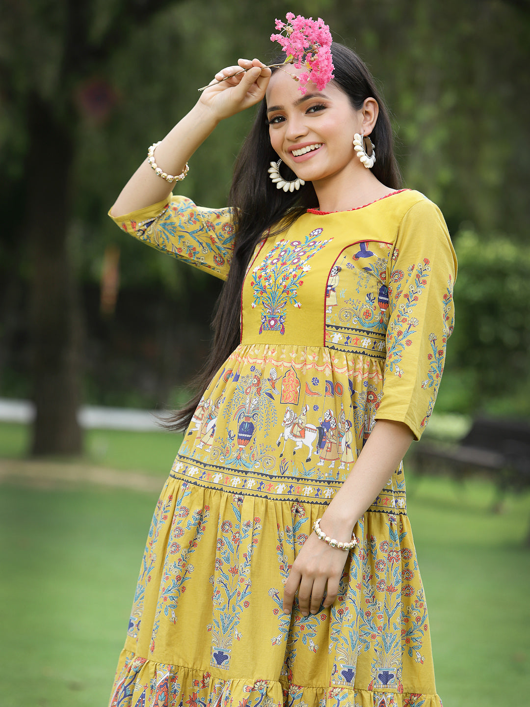 Juniper Women`s Mustard Cambric Printed Tiered Dress