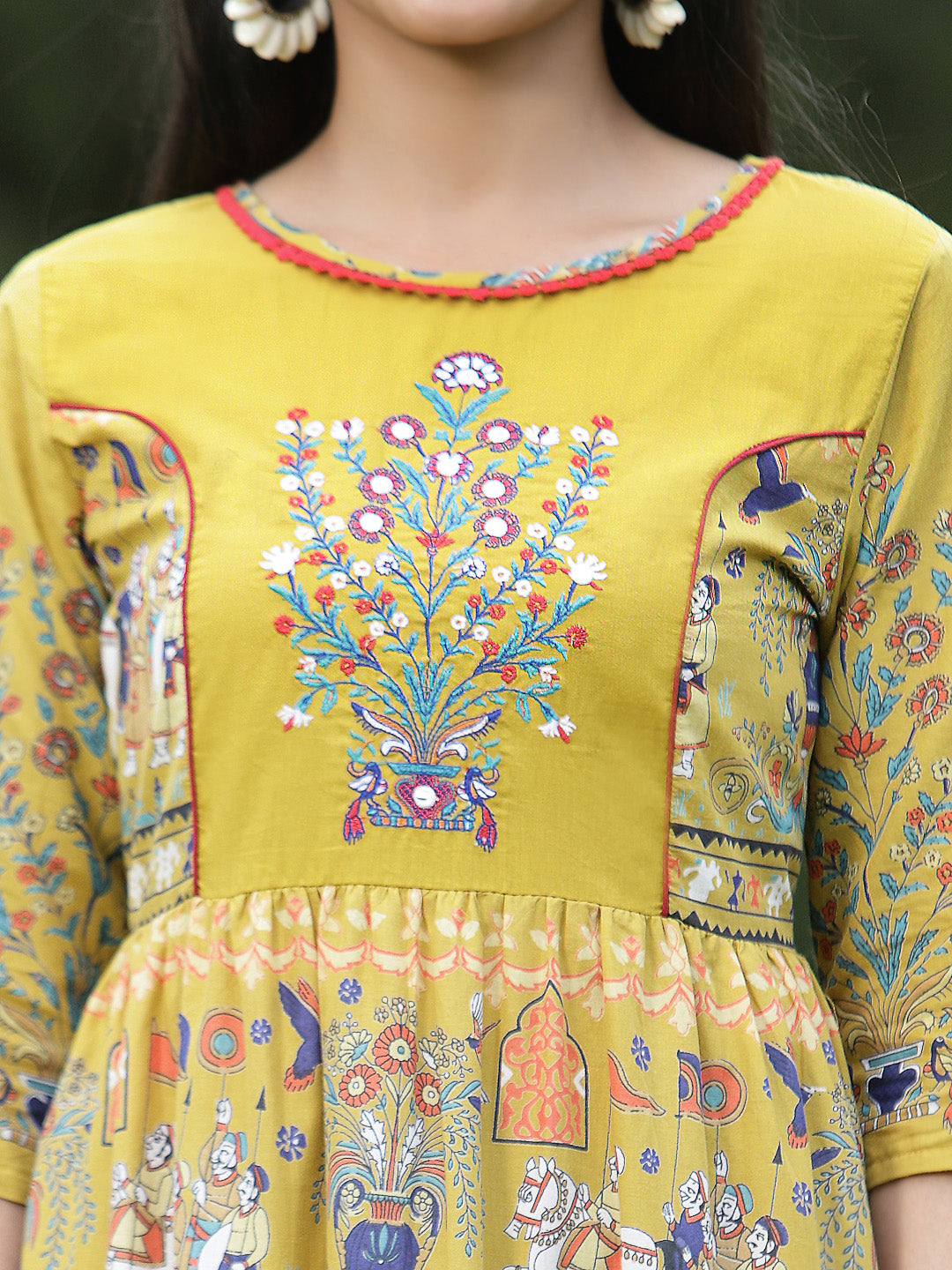 Juniper Women`s Mustard Cambric Printed Tiered Dress
