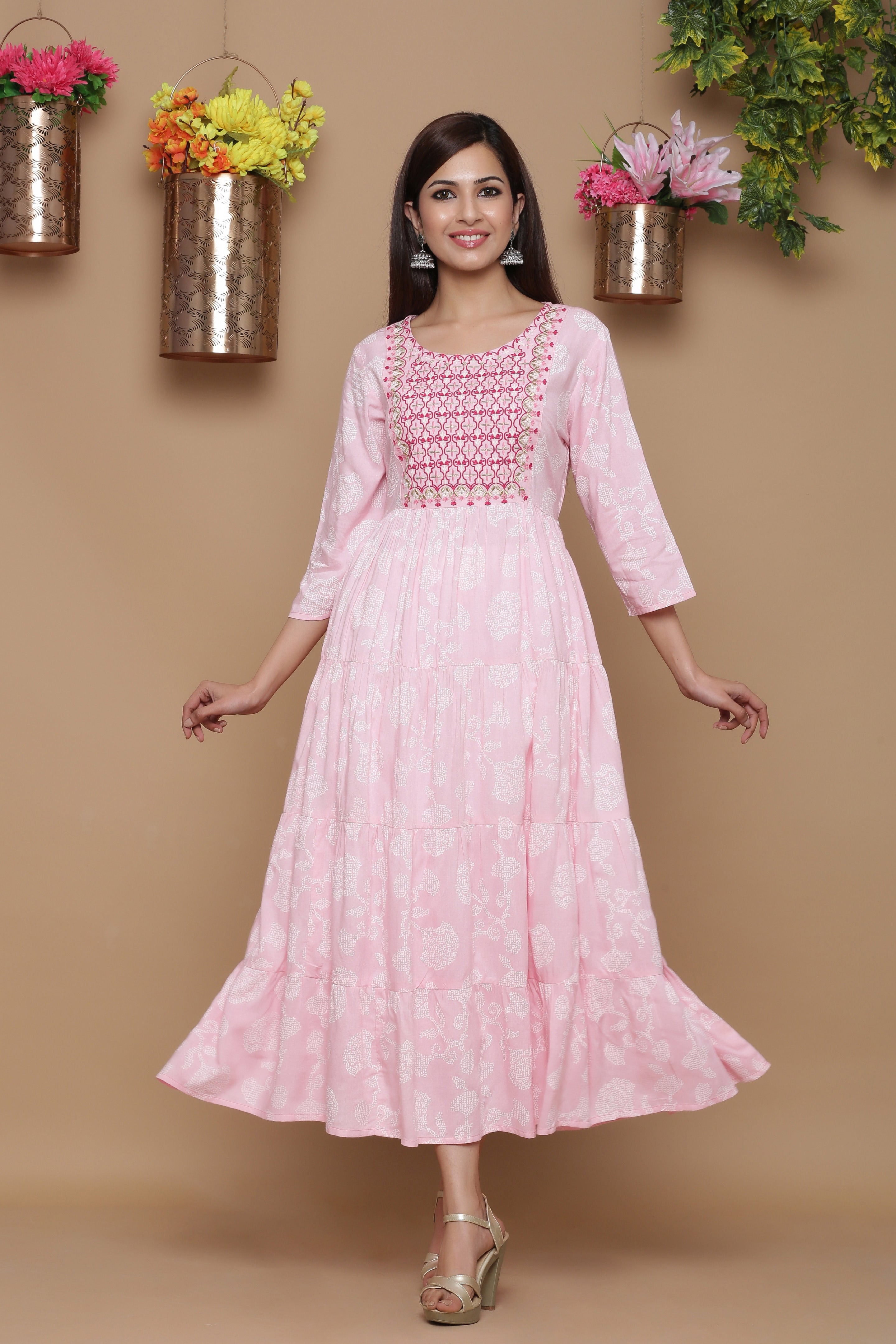 Babypink Rayon Embroidered Tiered Dress
