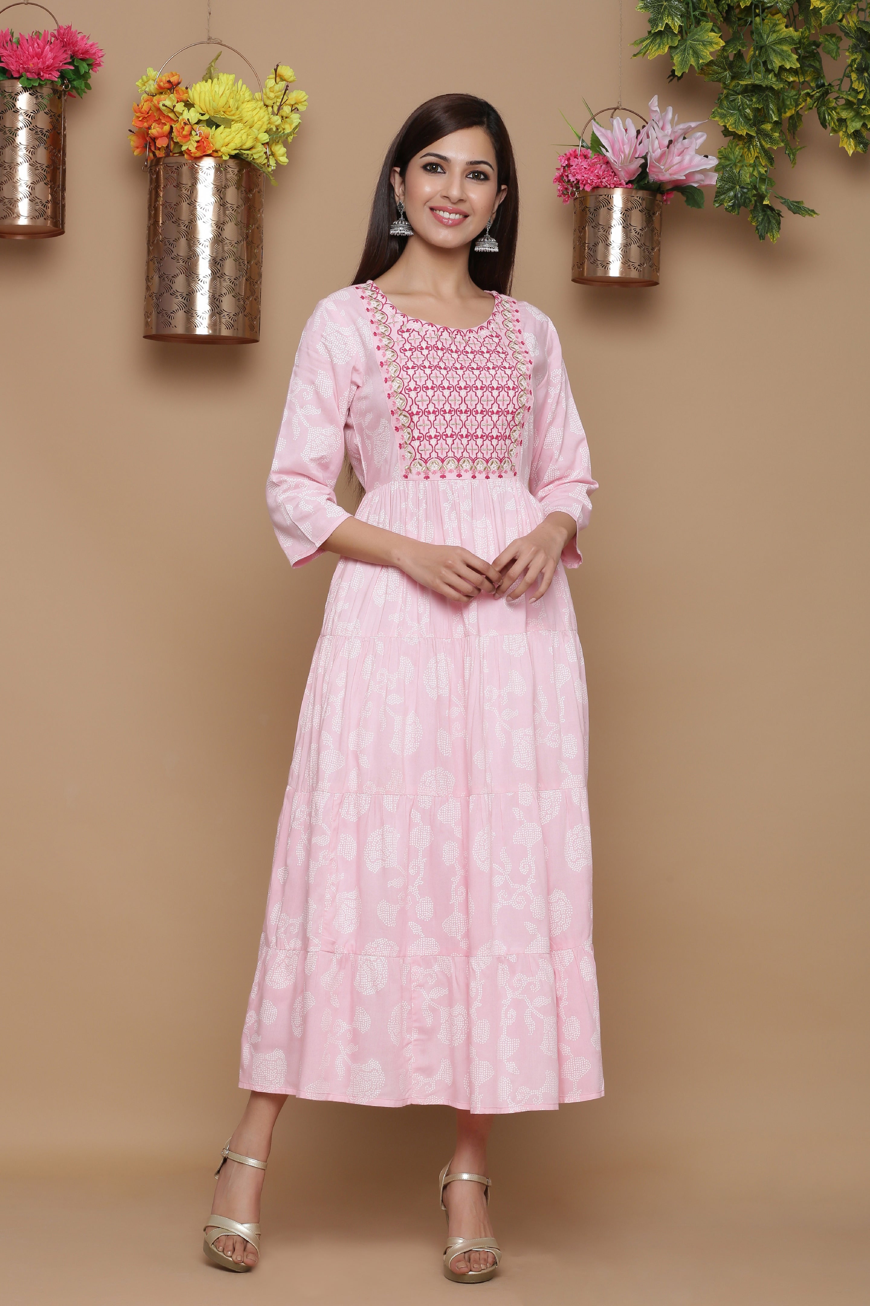 Babypink Rayon Embroidered Tiered Dress