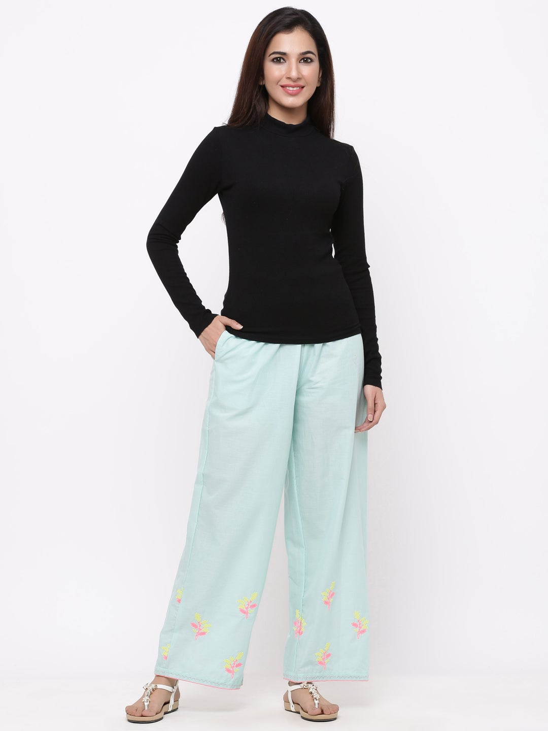 Mint Cambric Embroidered Wide-Leg Palazzo