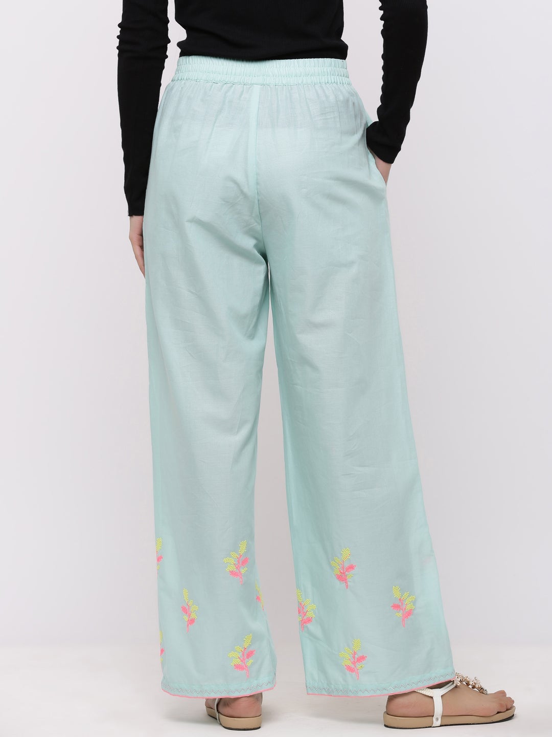 Mint Cambric Embroidered Wide-Leg Palazzo