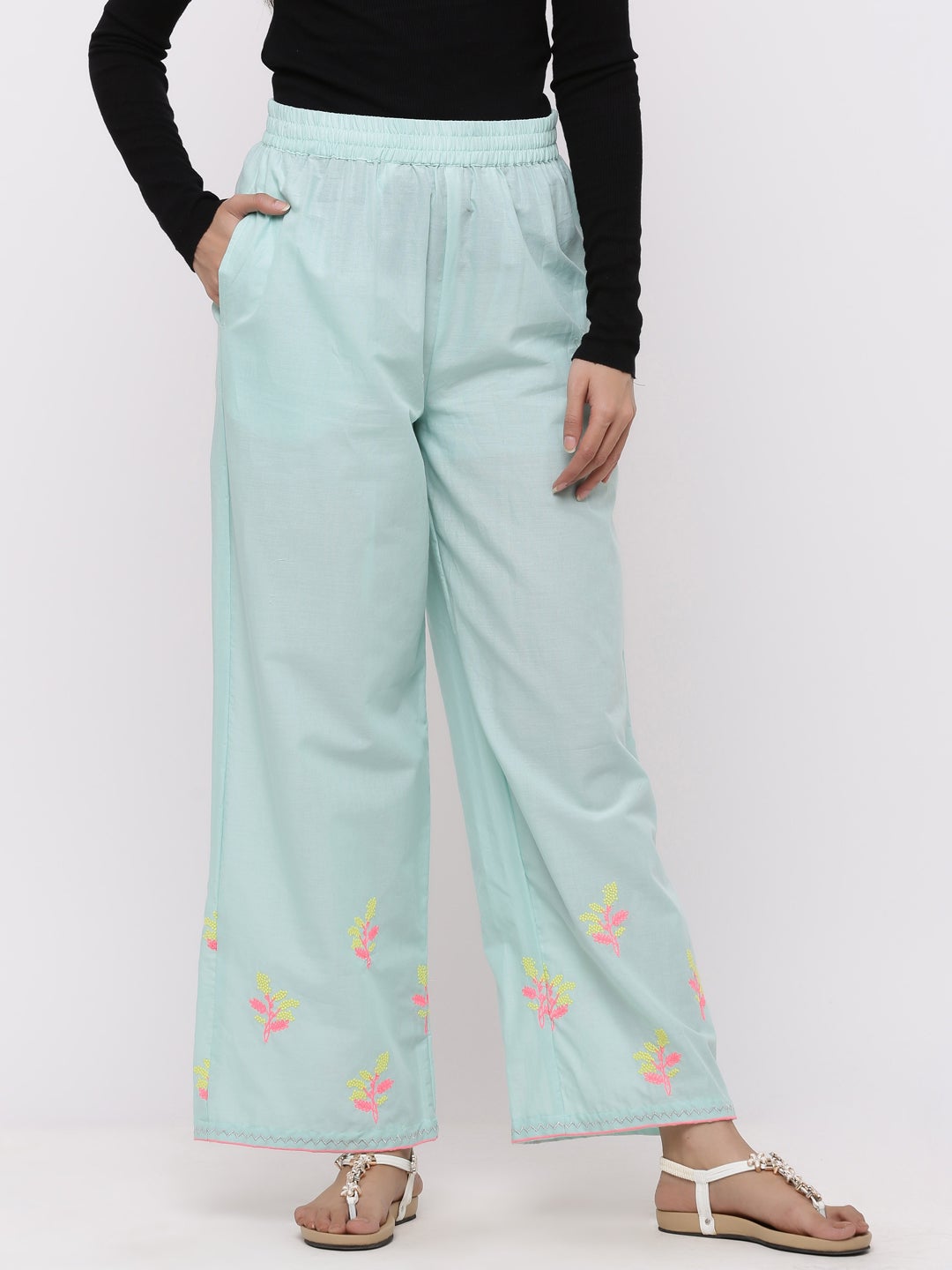 Mint Cambric Embroidered Wide-Leg Palazzo