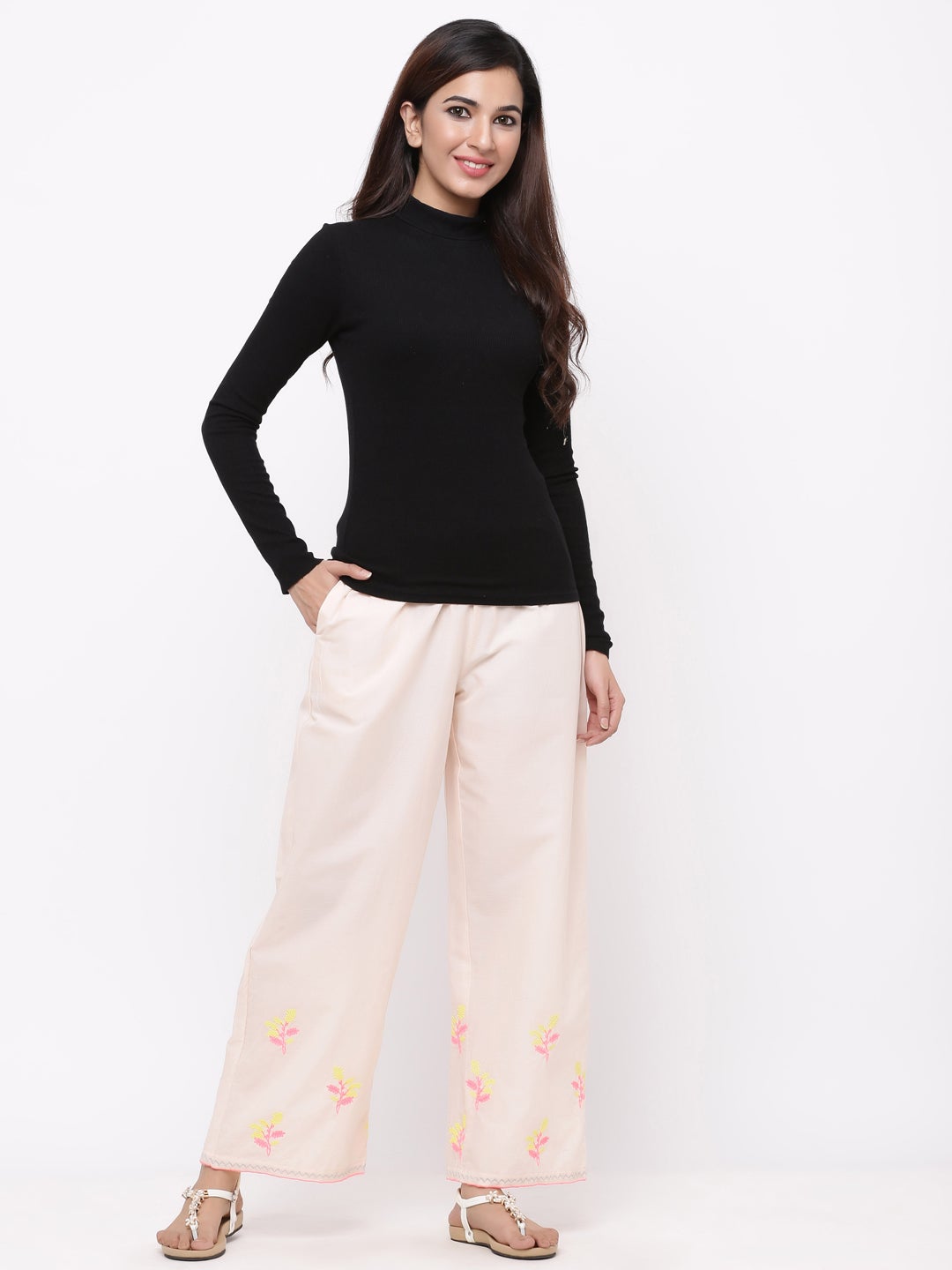 Peach Cambric Embroidered Wide-Leg Palazzo