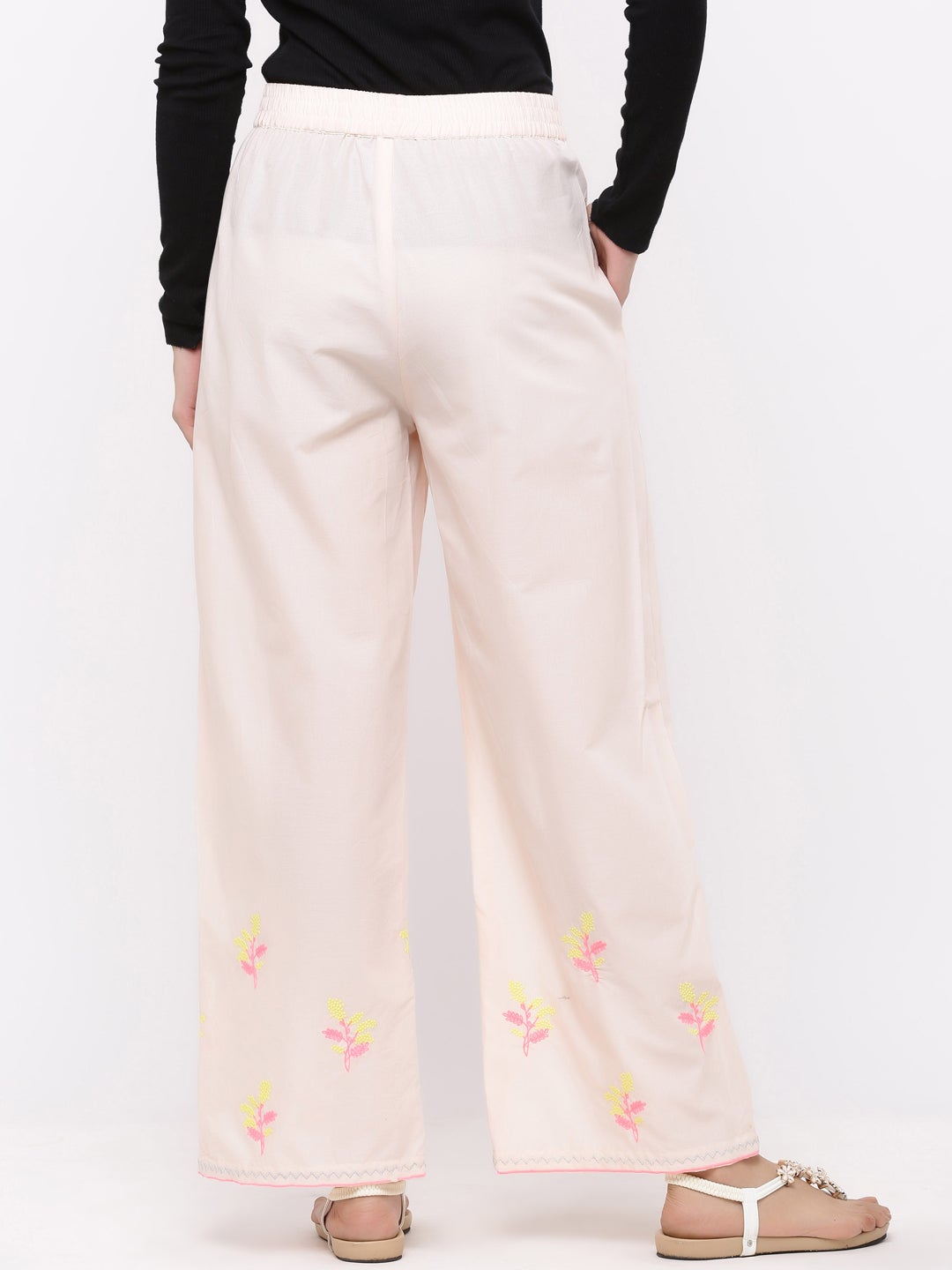 Peach Cambric Embroidered Wide-Leg Palazzo