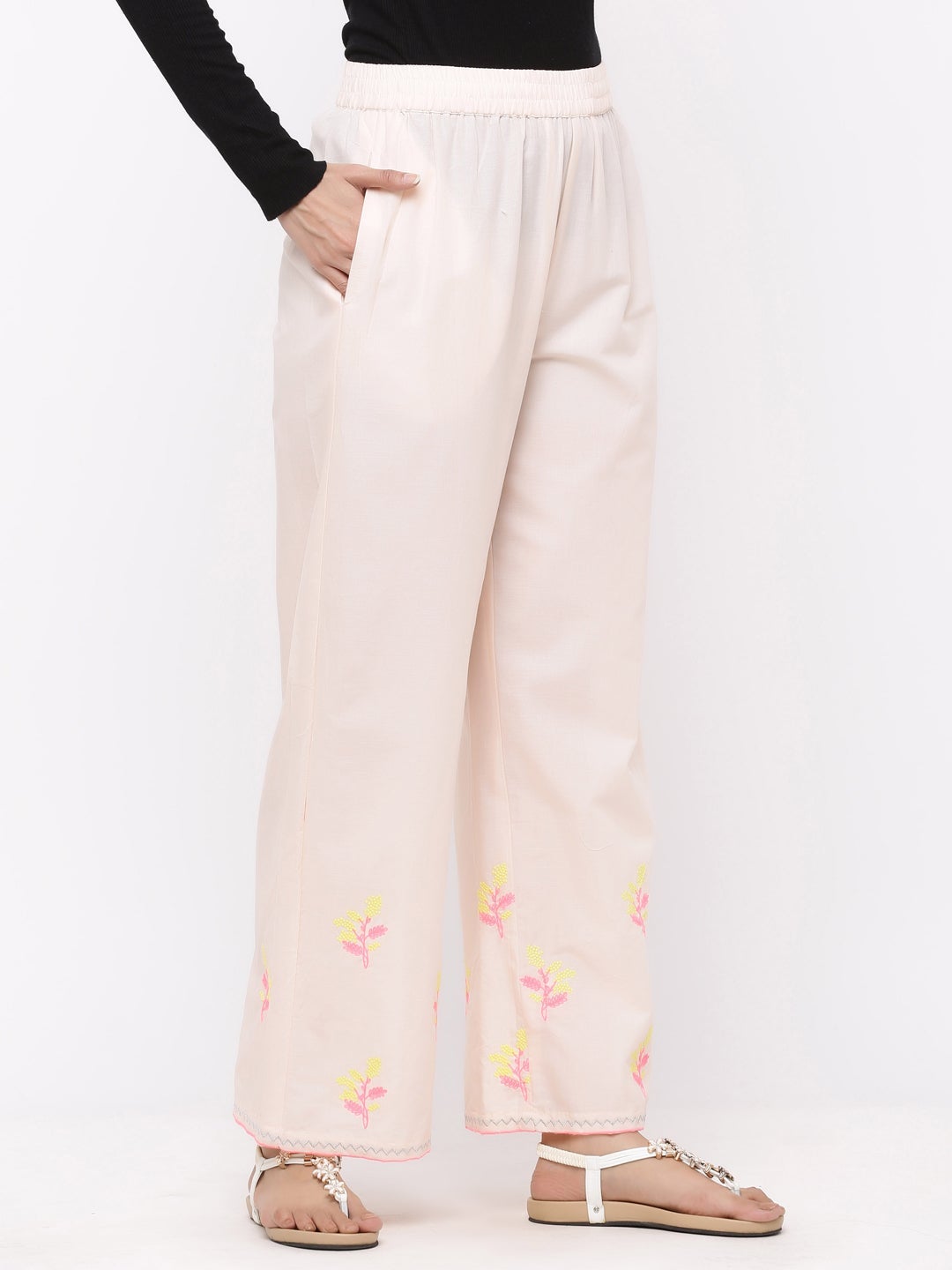 Peach Cambric Embroidered Wide-Leg Palazzo