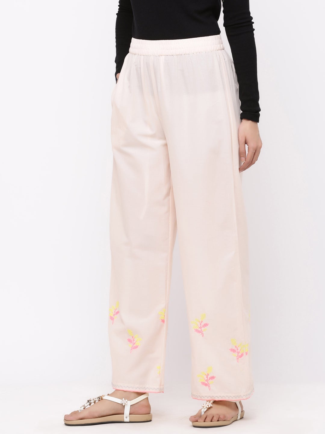 Peach Cambric Embroidered Wide-Leg Palazzo