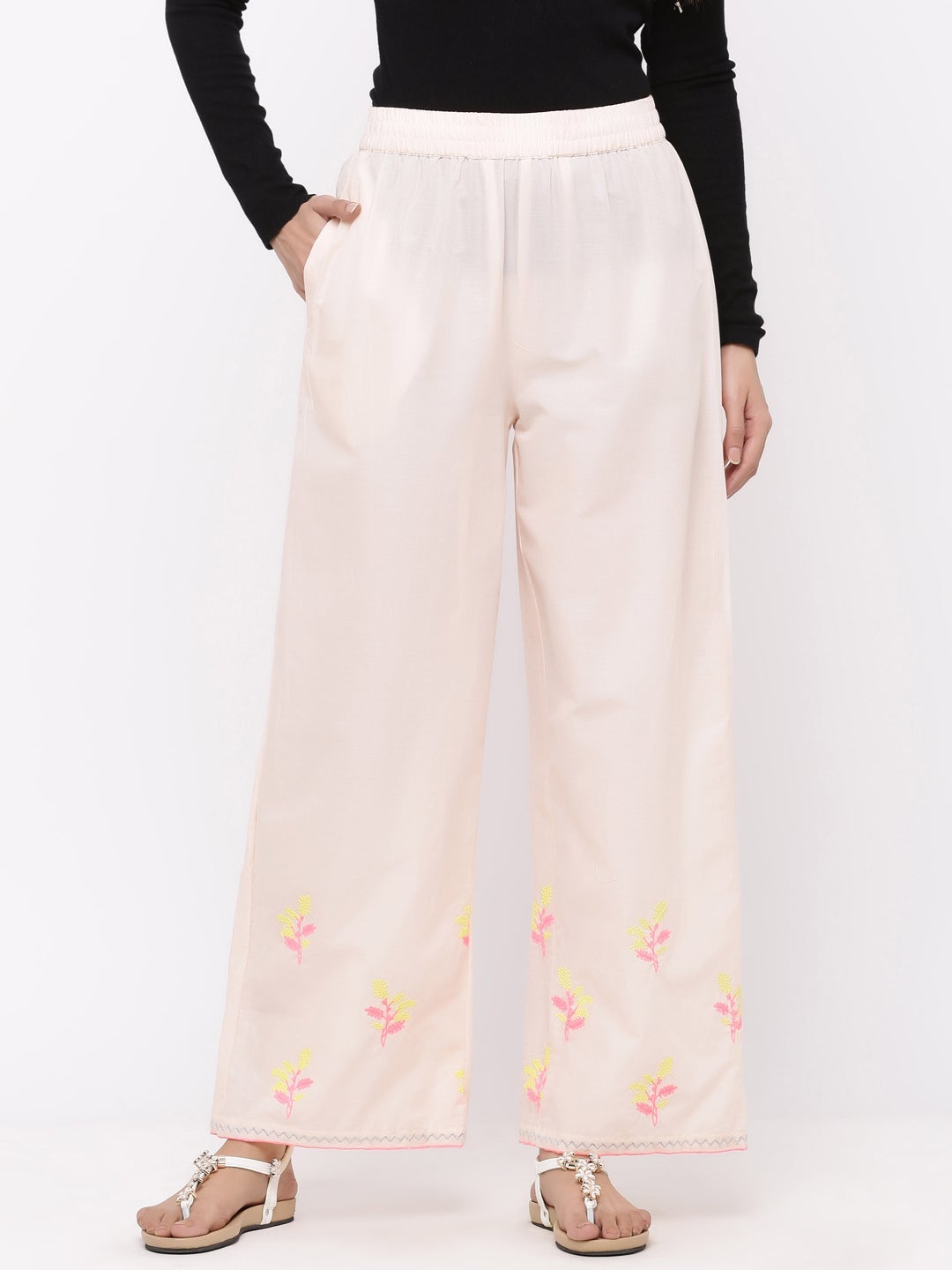 Peach Cambric Embroidered Wide-Leg Palazzo