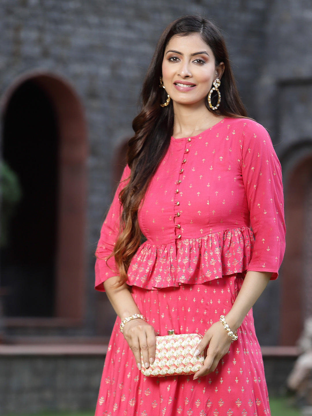 Juniper Women`s Fuchsia LIVA Printed Flared Lehenga Choli Sets