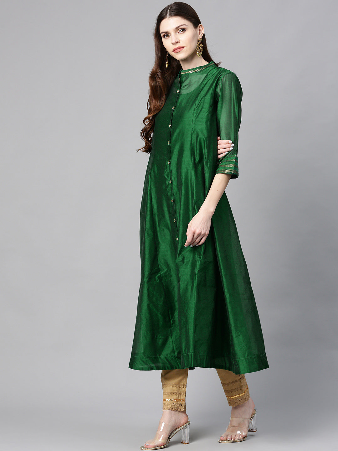 Juniper Jade Green Solid Chanderi Kalidar A-line Women Kurta With Buttons