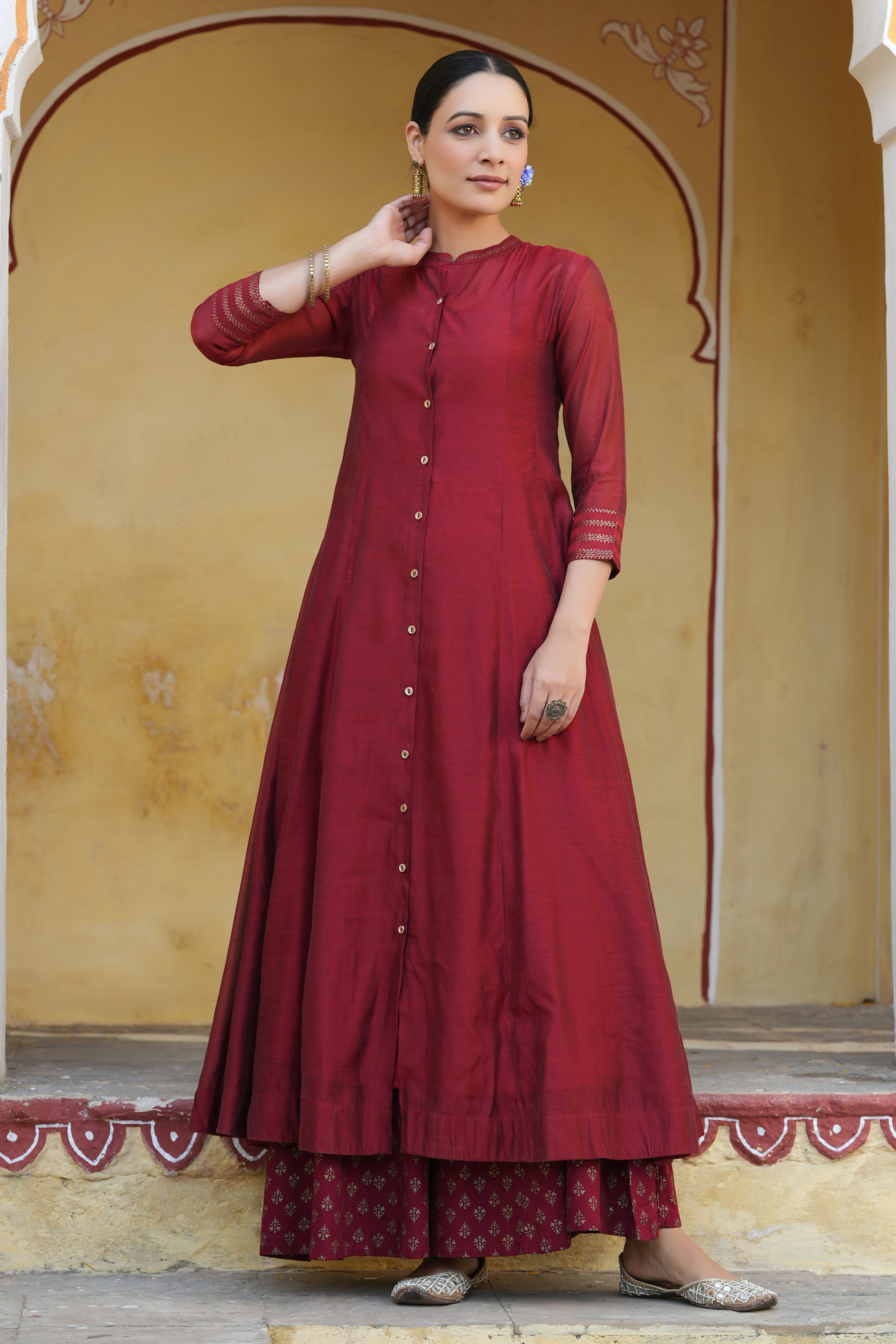 Juniper Maroon Solid Chanderi Kalidar A-line Women Kurta With Buttons