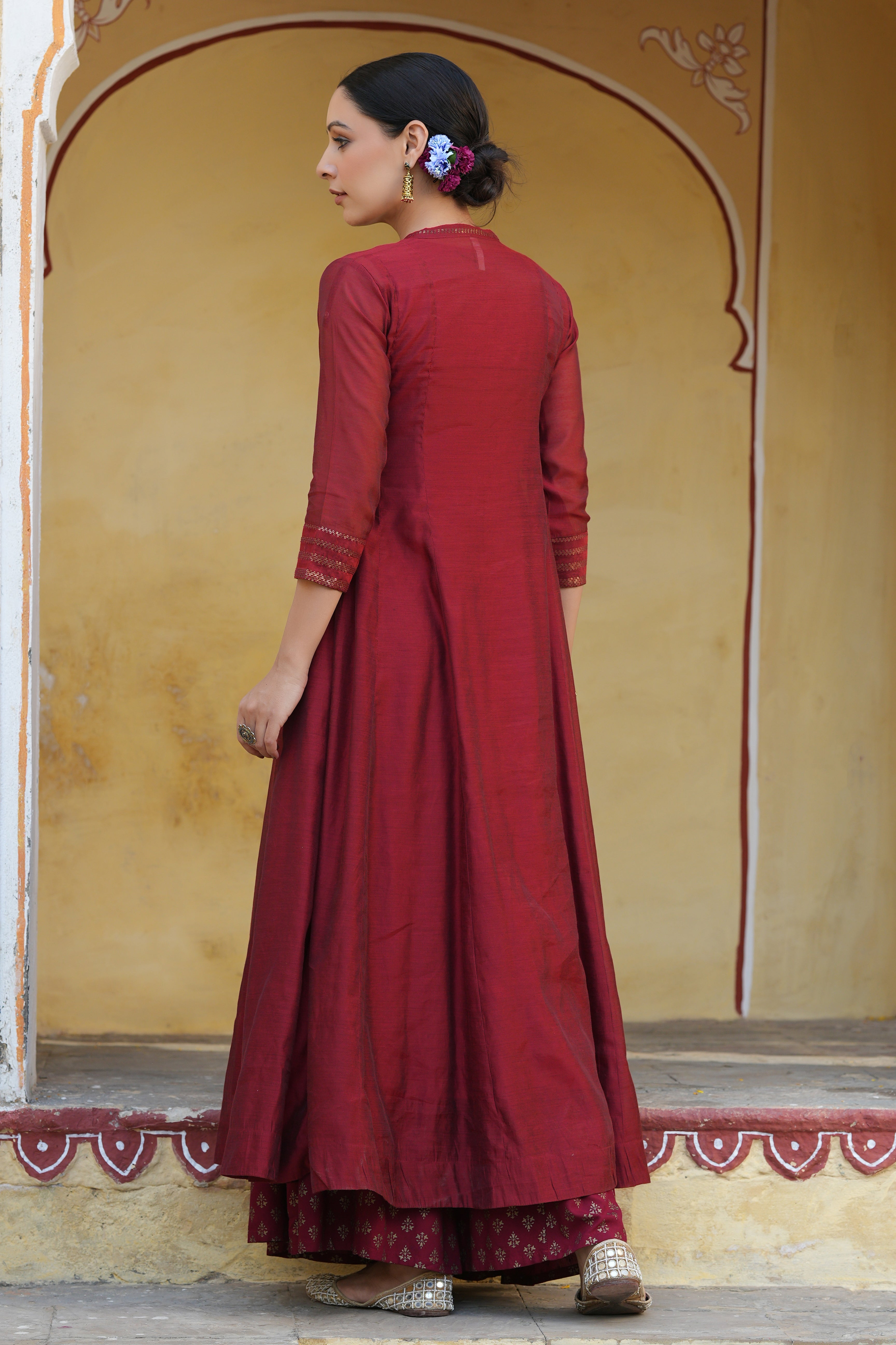 Juniper Maroon Solid Chanderi Kalidar A-line Women Kurta With Buttons