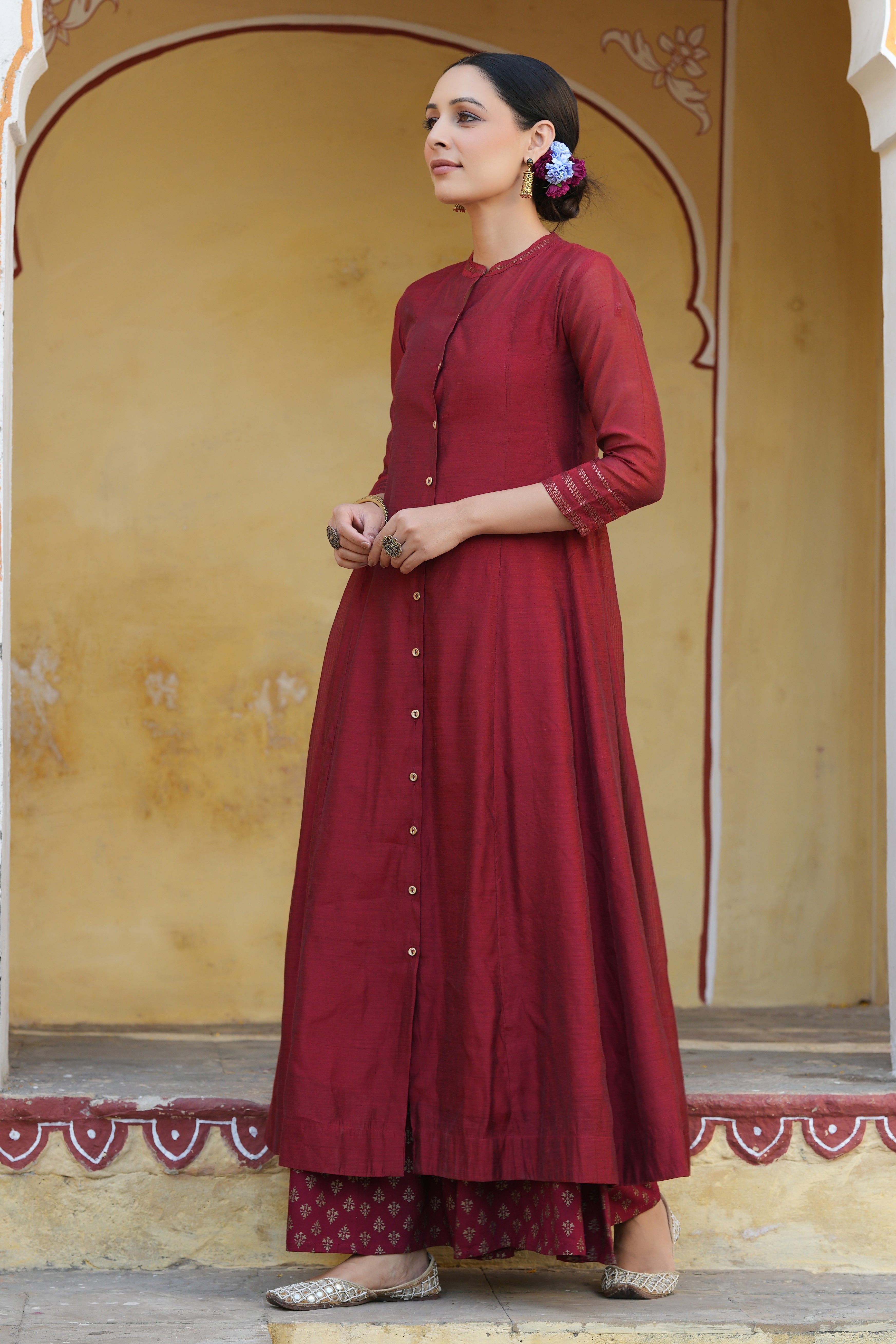 Juniper Maroon Solid Chanderi Kalidar A-line Women Kurta With Buttons