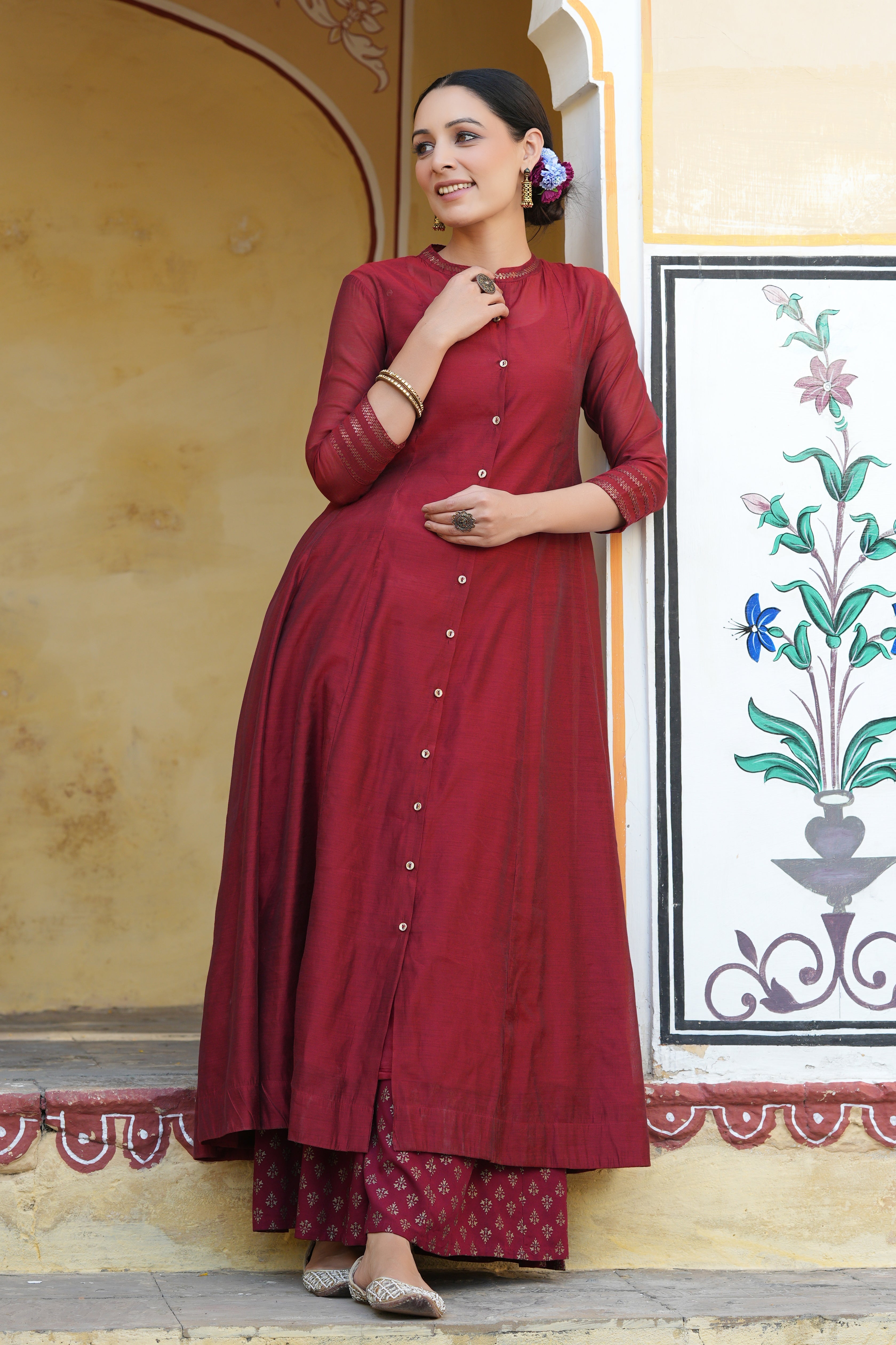 Juniper Maroon Solid Chanderi Kalidar A-line Women Kurta With Buttons