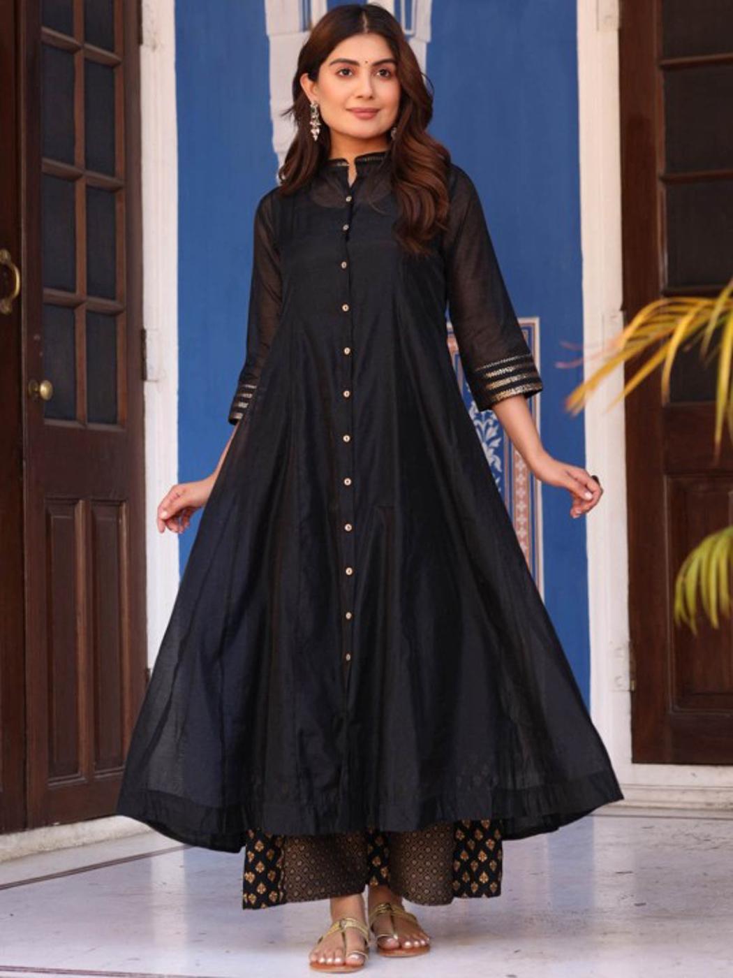 Black Solid Chanderi Kalidar A-line Women Kurta And Palazzo With Buttons