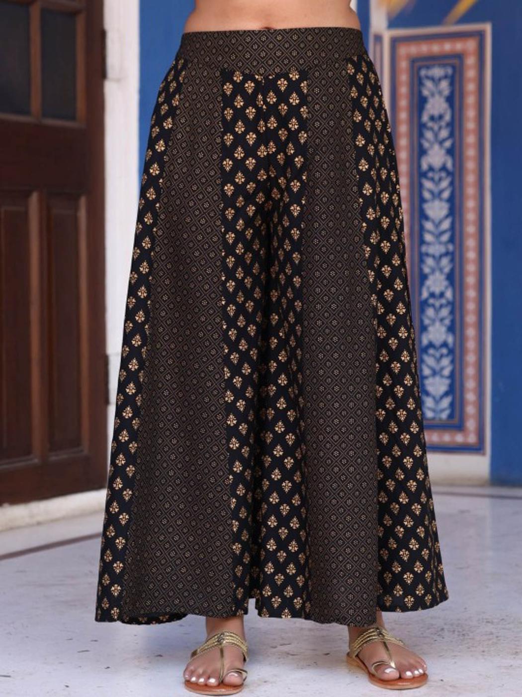 Black Solid Chanderi Kalidar A-line Women Kurta And Palazzo With Buttons