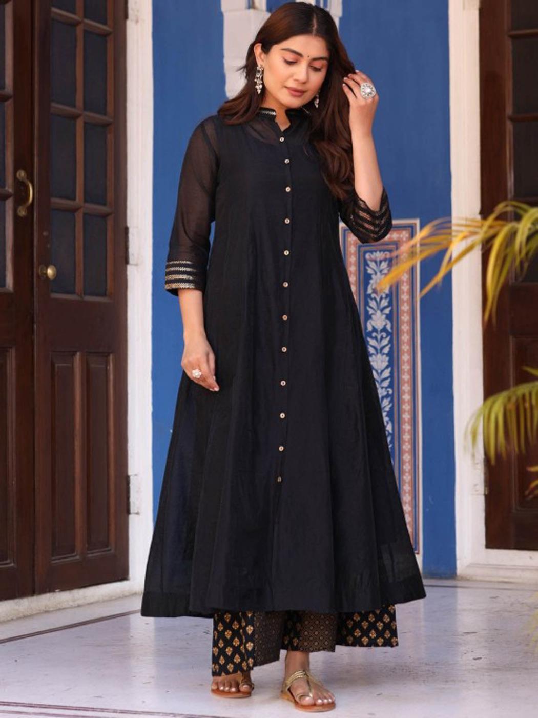 Black Solid Chanderi Kalidar A-line Women Kurta And Palazzo With Buttons