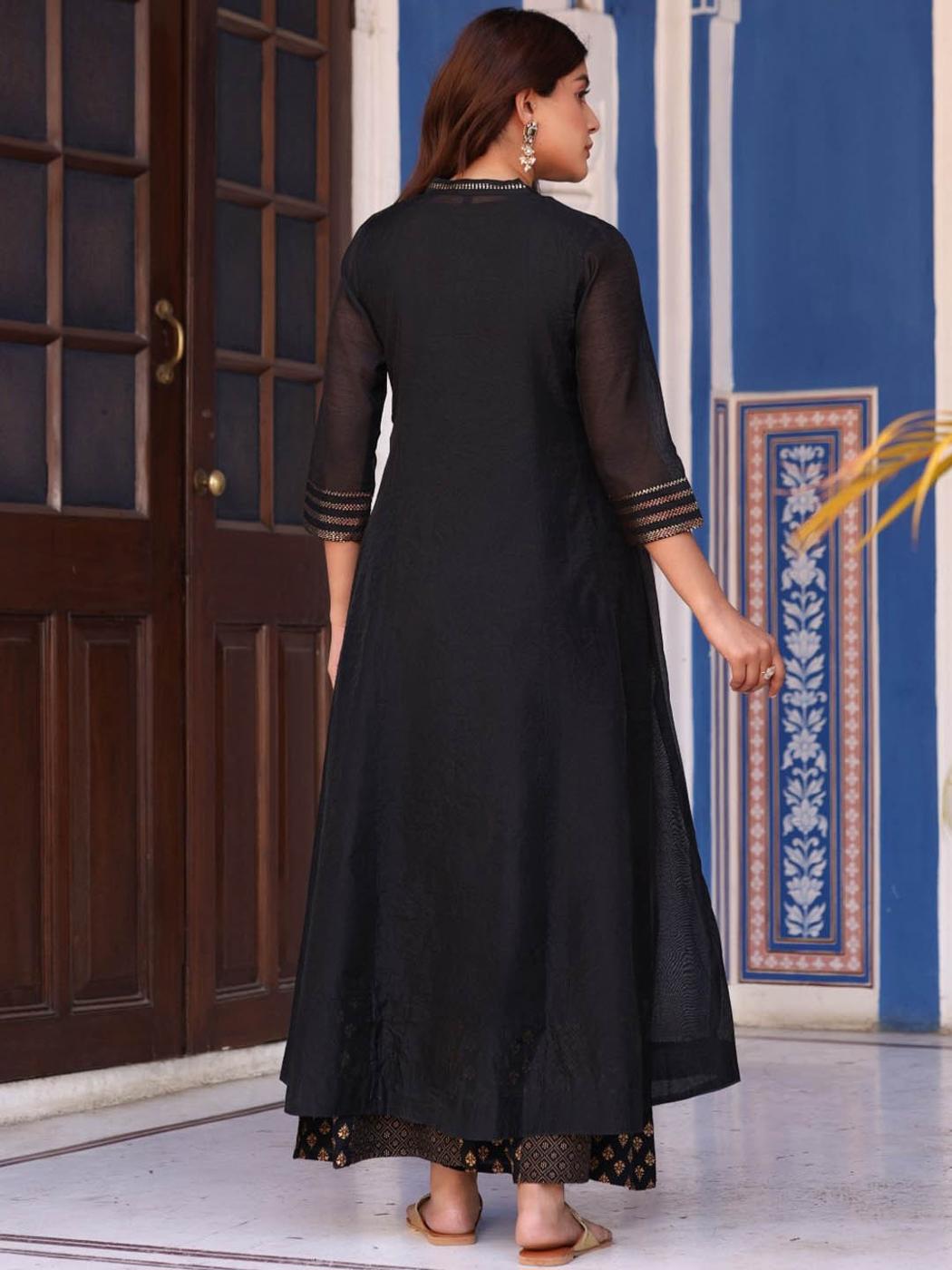 Black Solid Chanderi Kalidar A-line Women Kurta And Palazzo With Buttons