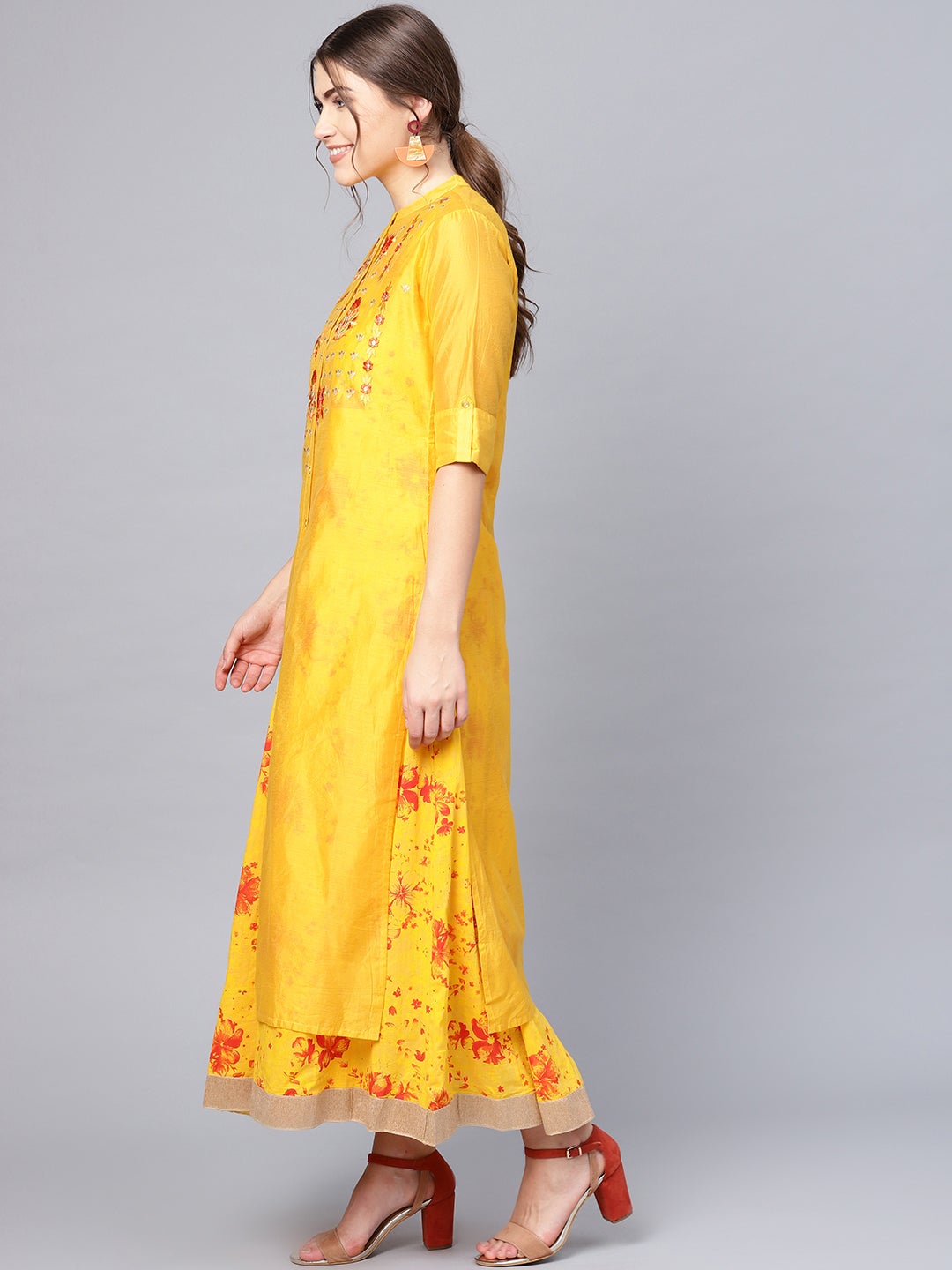 Juniper Mustard Chanderi Embroidered 2 Piece Kurta Dress