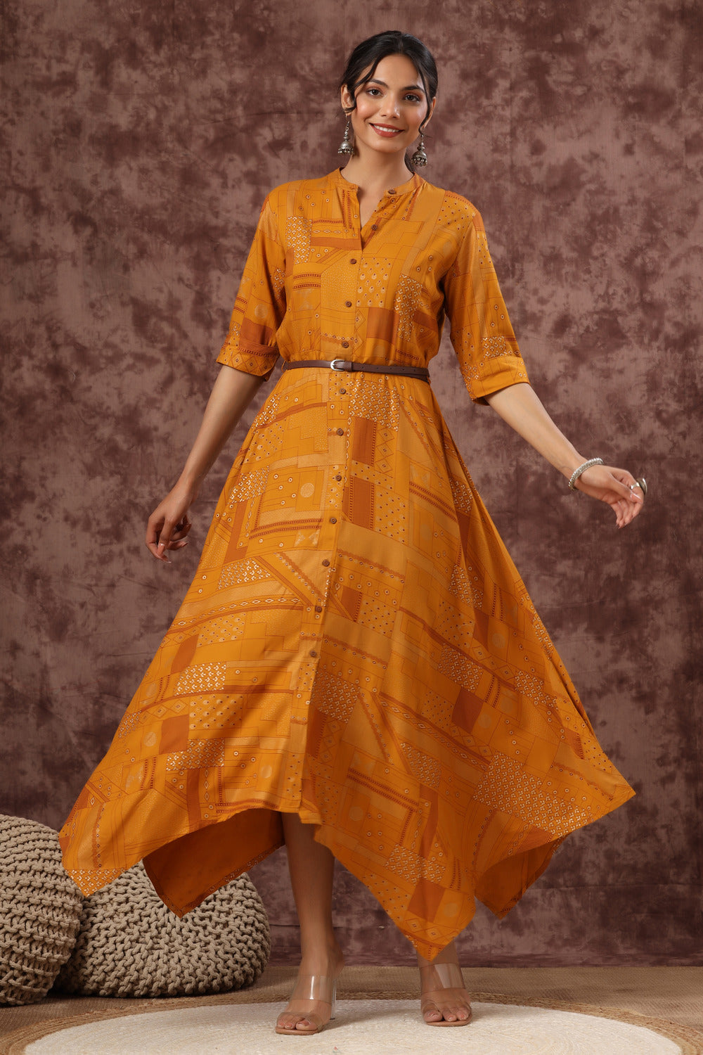 Juniper Women's Mustard LIVA Printed Asymmetric Maxi Dress