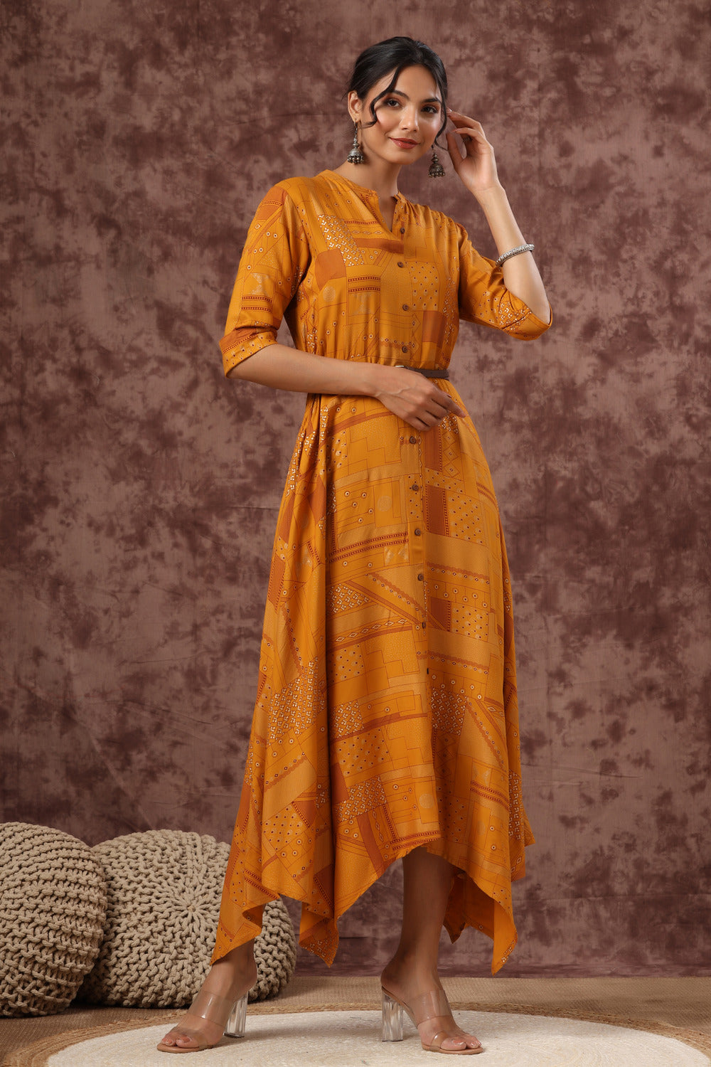 Juniper Women's Mustard LIVA Rayon Printed Asymmetric Maxi Dress