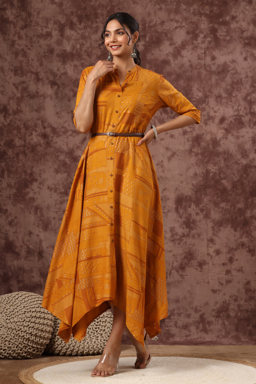 Juniper Women's Mustard Rayon Printed Asymmetric Maxi Dress